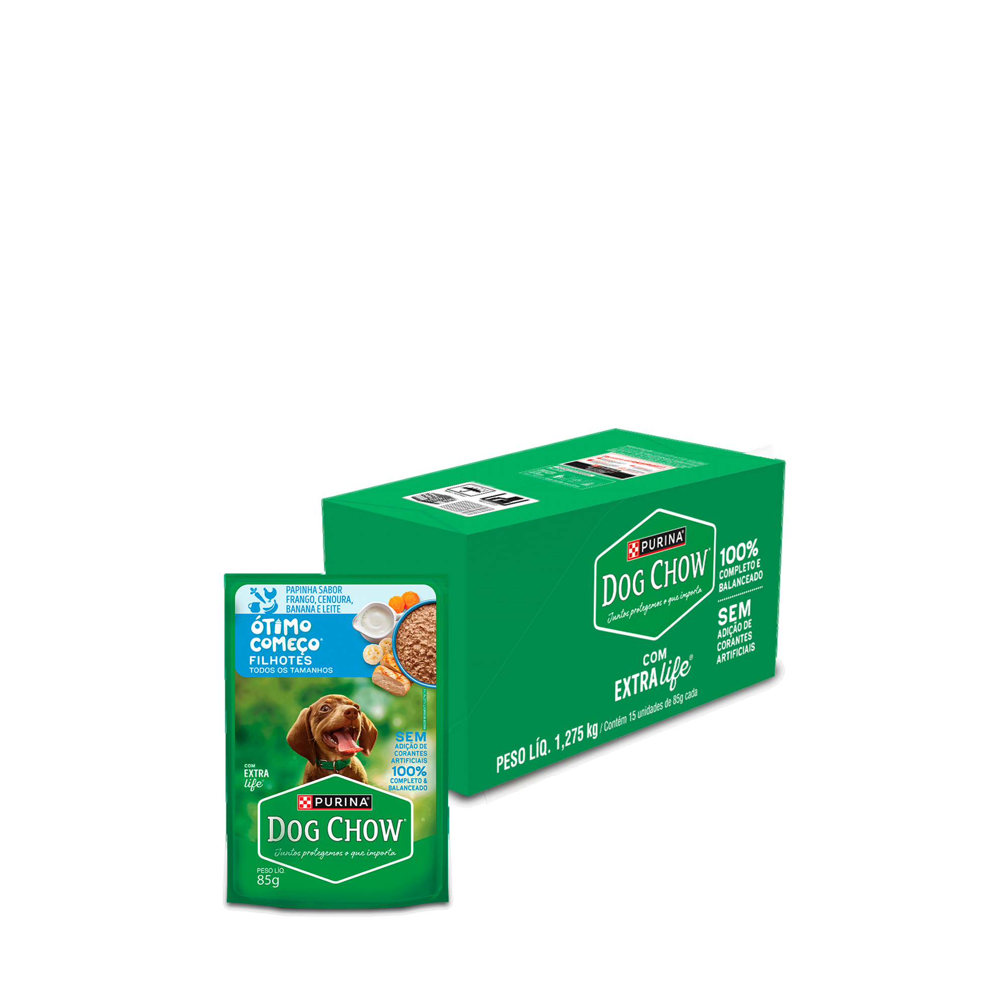 Embalagem múltipla de DOG CHOW® ÓTIMO COMEÇO® FILHOTES Papinha Sabor Frango, Cenoura, Banana e Leite 85g