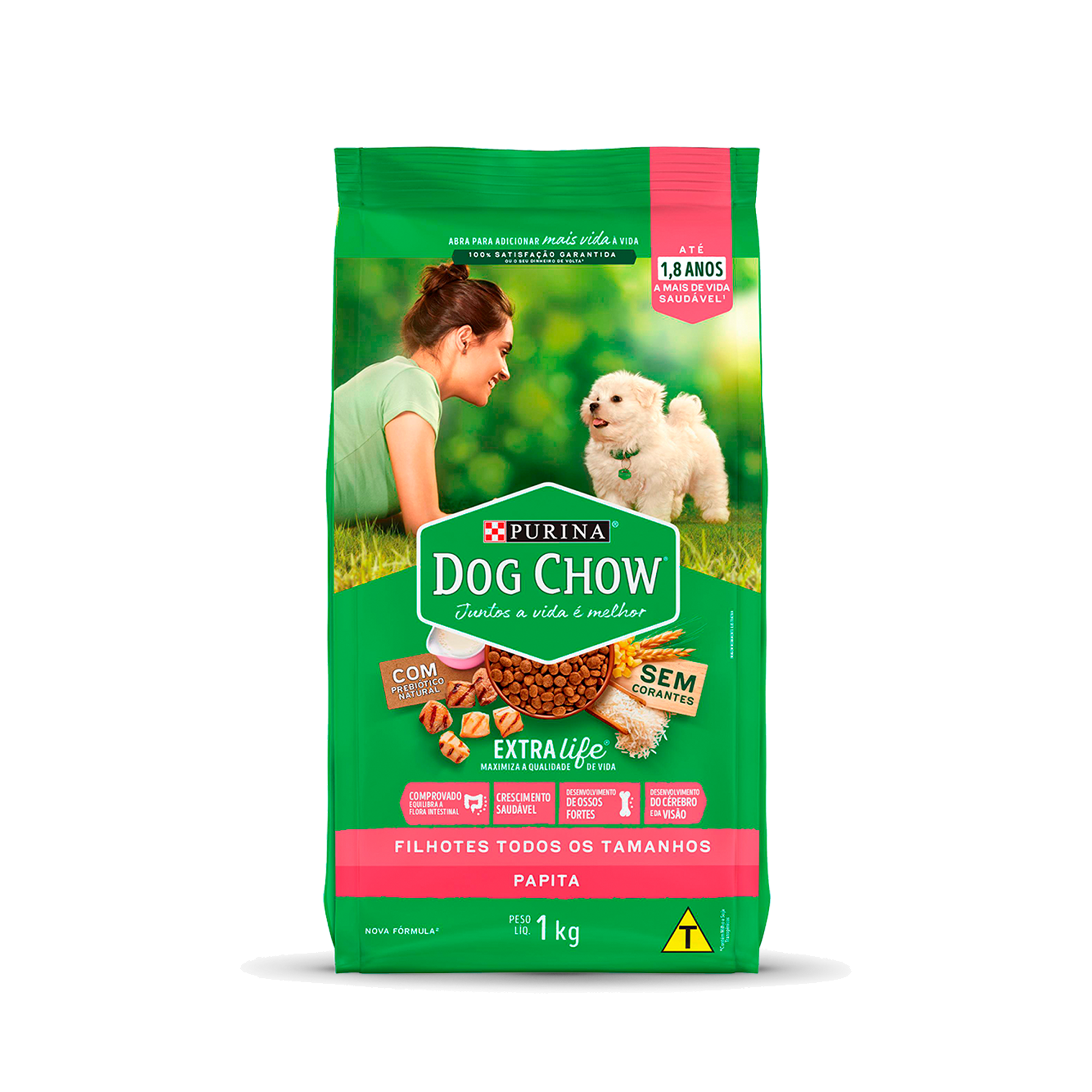 Embalagem de Dog Chow Ração Papita Filhote todos os tamanhos, vista frontal