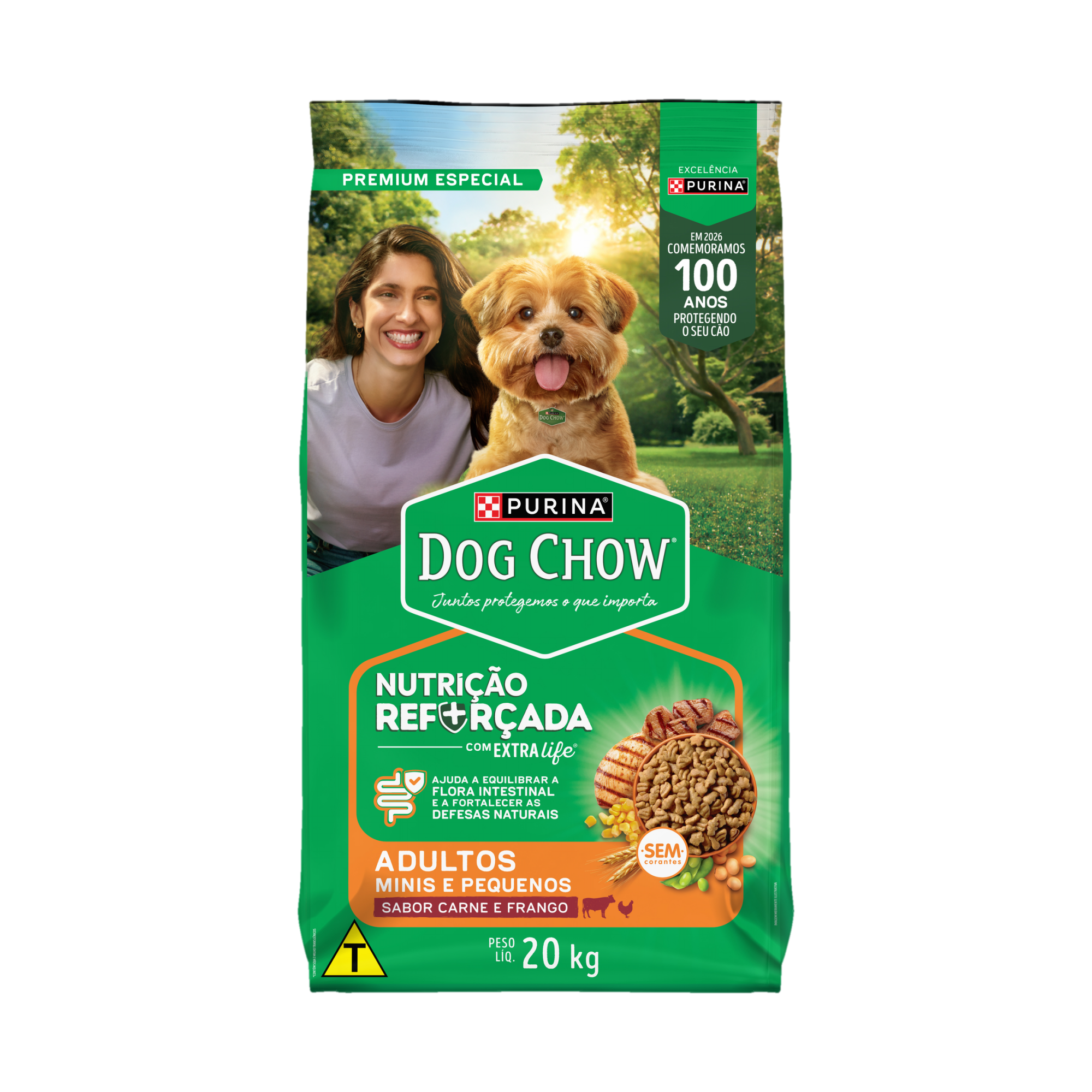 Embalagem de Dog Chow Ração para Cães Adultos Minis e Pequenos sabor carne e frango, vista frontal