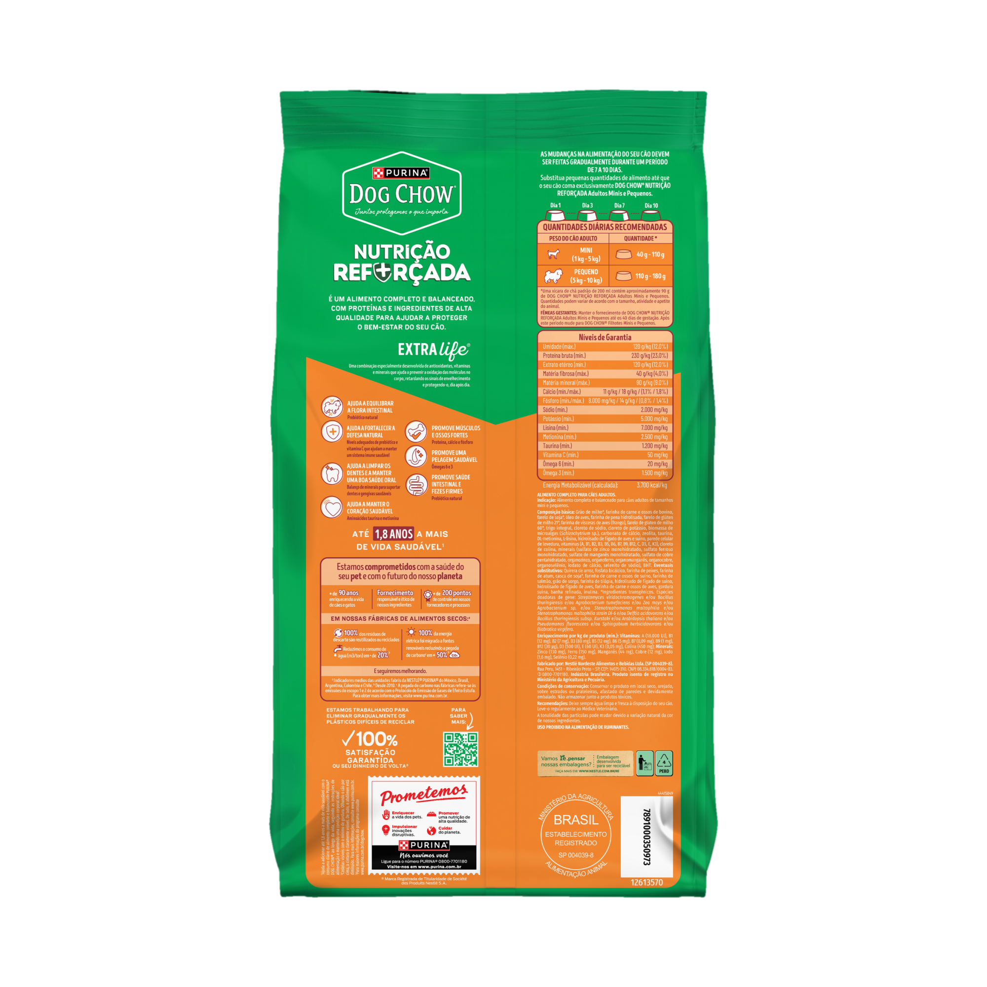 Embalagem de Dog Chow Ração para Cães Adultos Minis e Pequenos sabor carne e frango, vista traseira