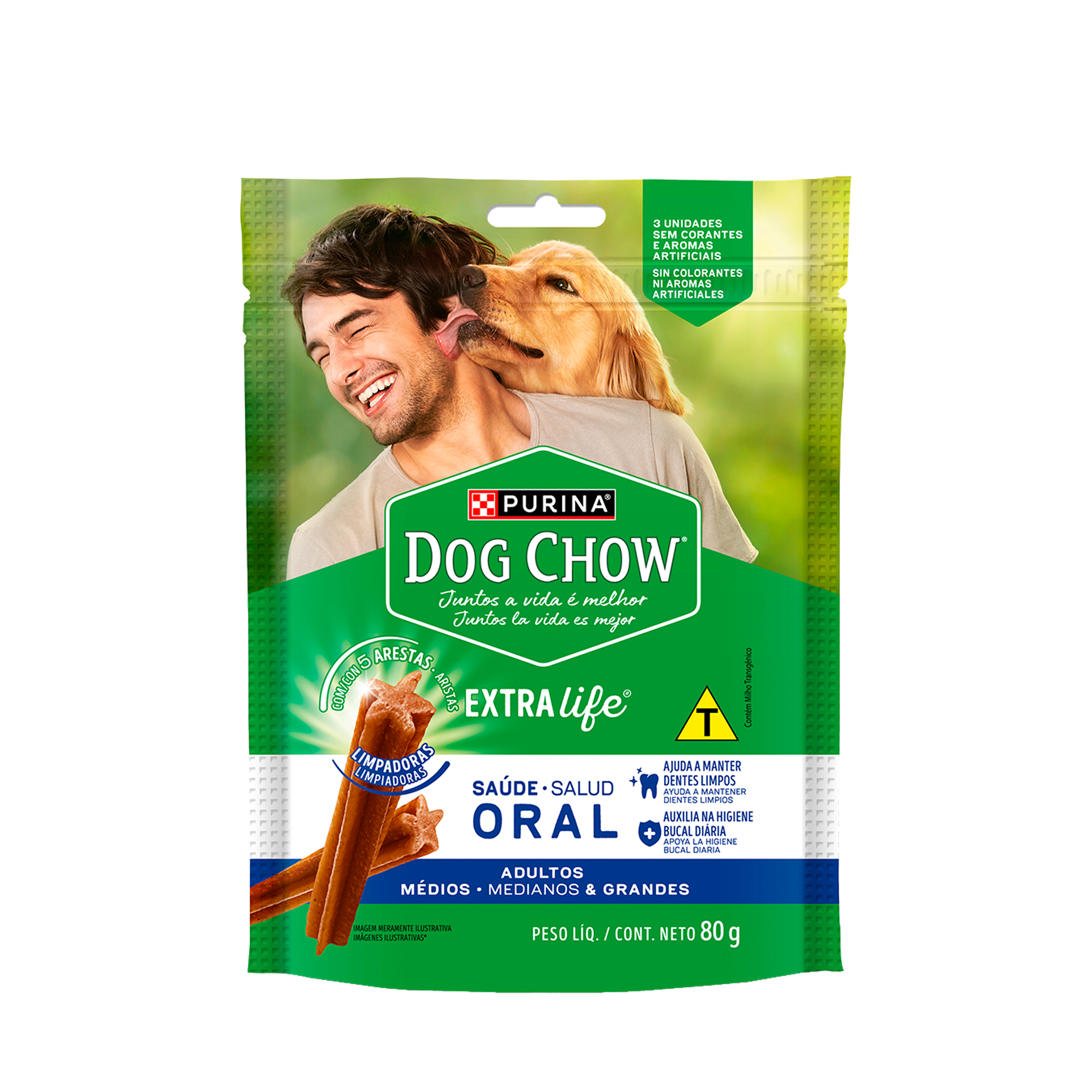 Embalagem de DOG CHOW® Saúde Oral para Cão Adulto médios e grandes, vista lateral