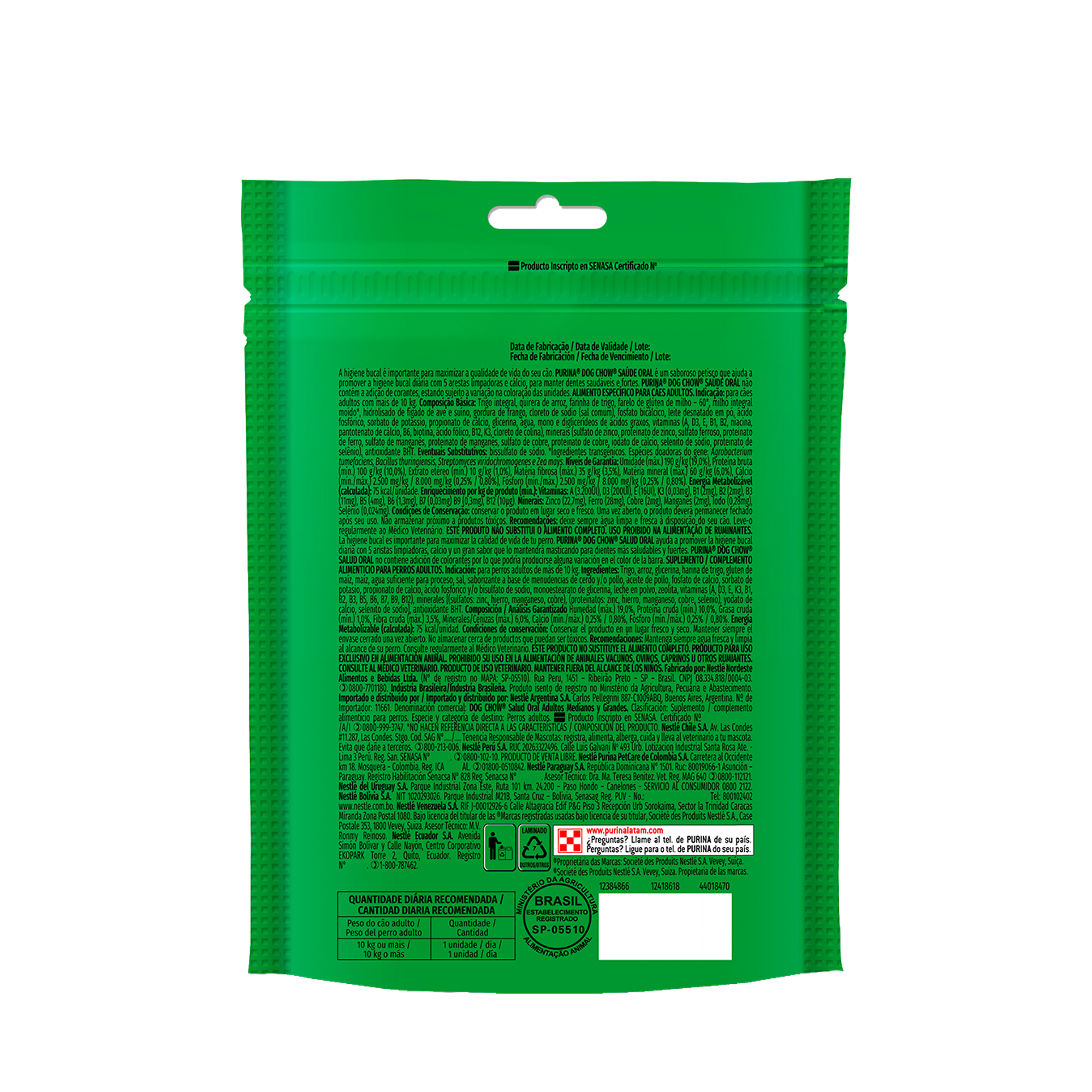 Embalagem de DOG CHOW® Saúde Oral para Cão Adulto médios e grandes, vista traseira