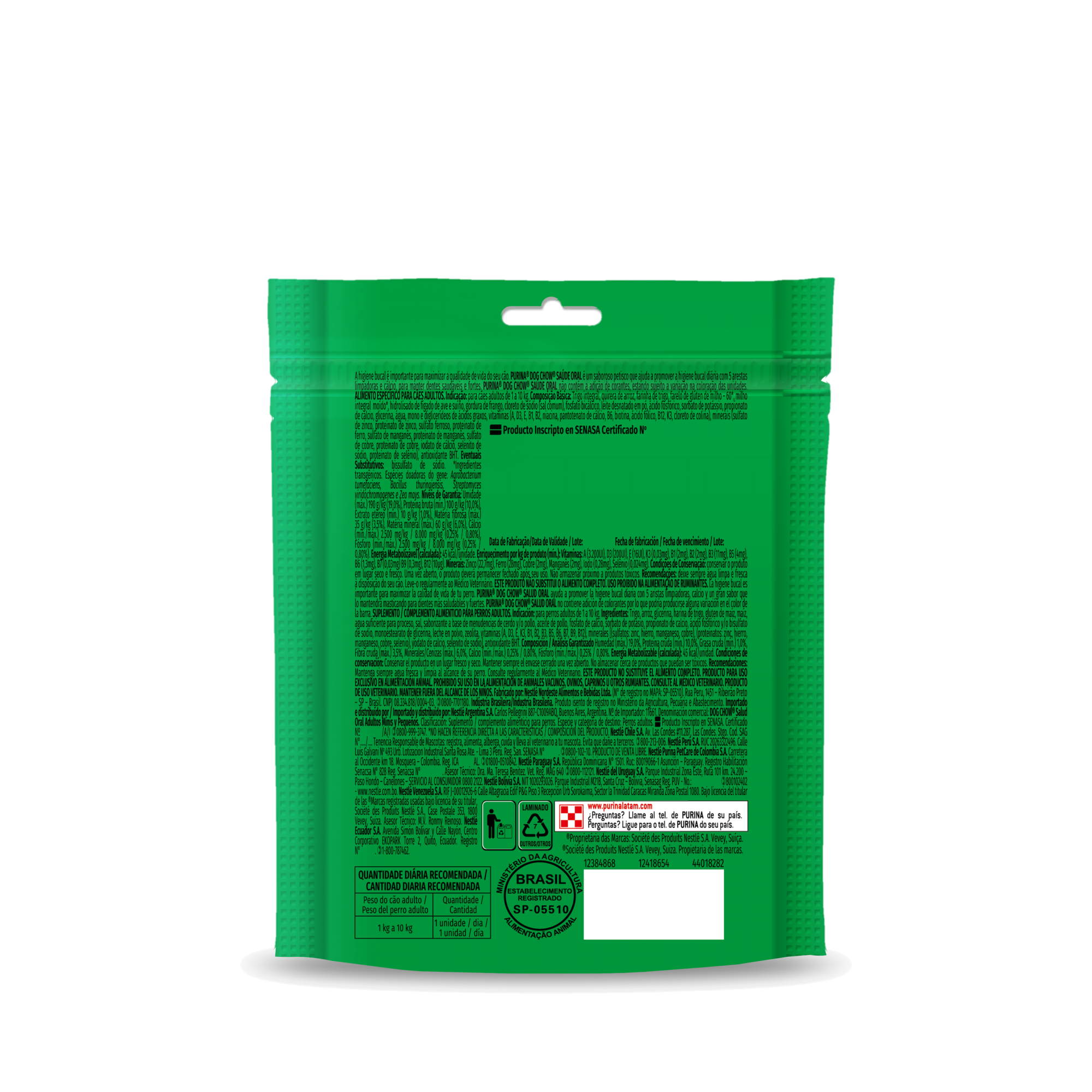 Embalagem de Dog Chow® Saúde Oral petiscos para cães adultos, vista traseira
