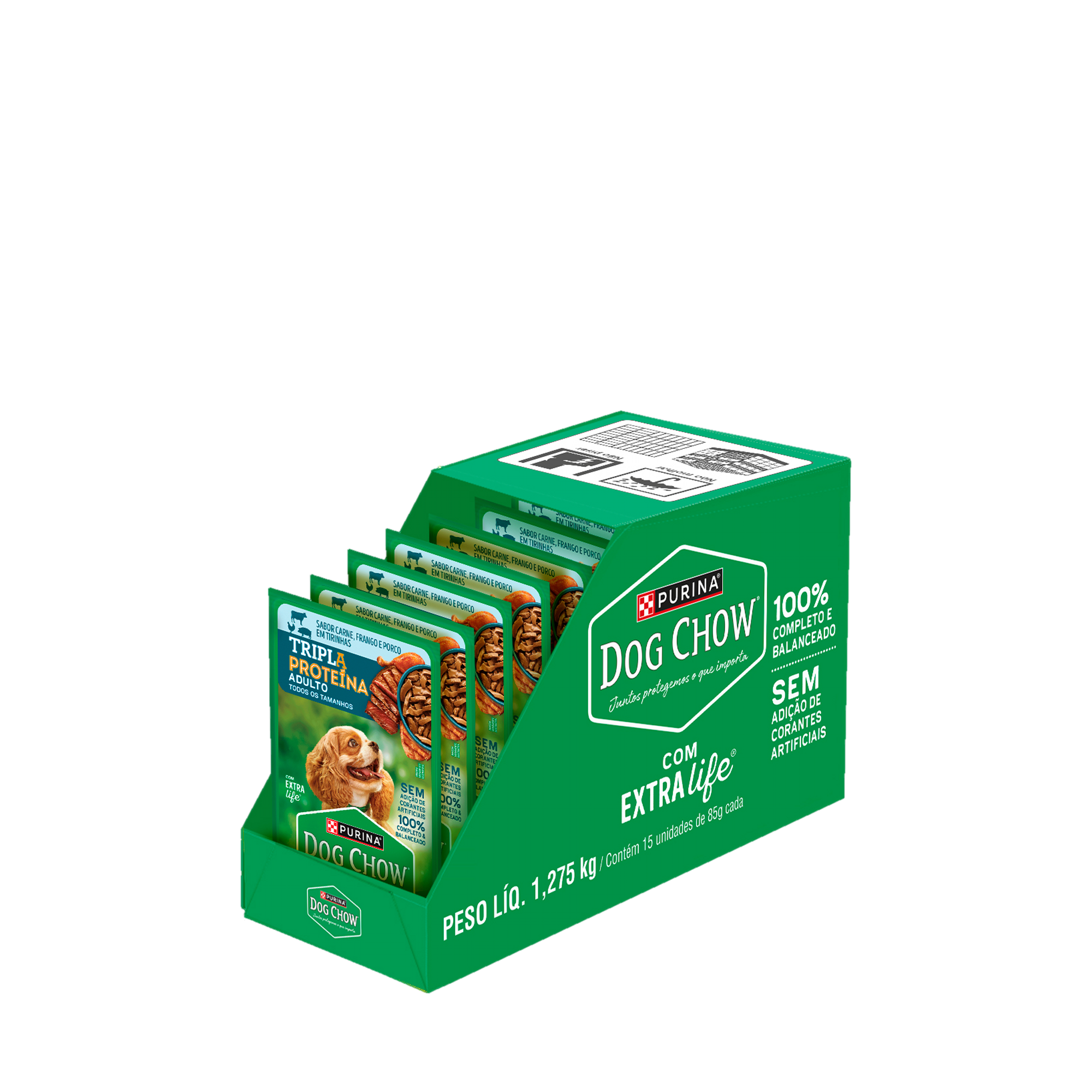 Caixa expositora aberta de PURINA® DOG CHOW® Tripla Proteína Adulto Sabor Carne, Frango e Porco em Tirinhas 85g
