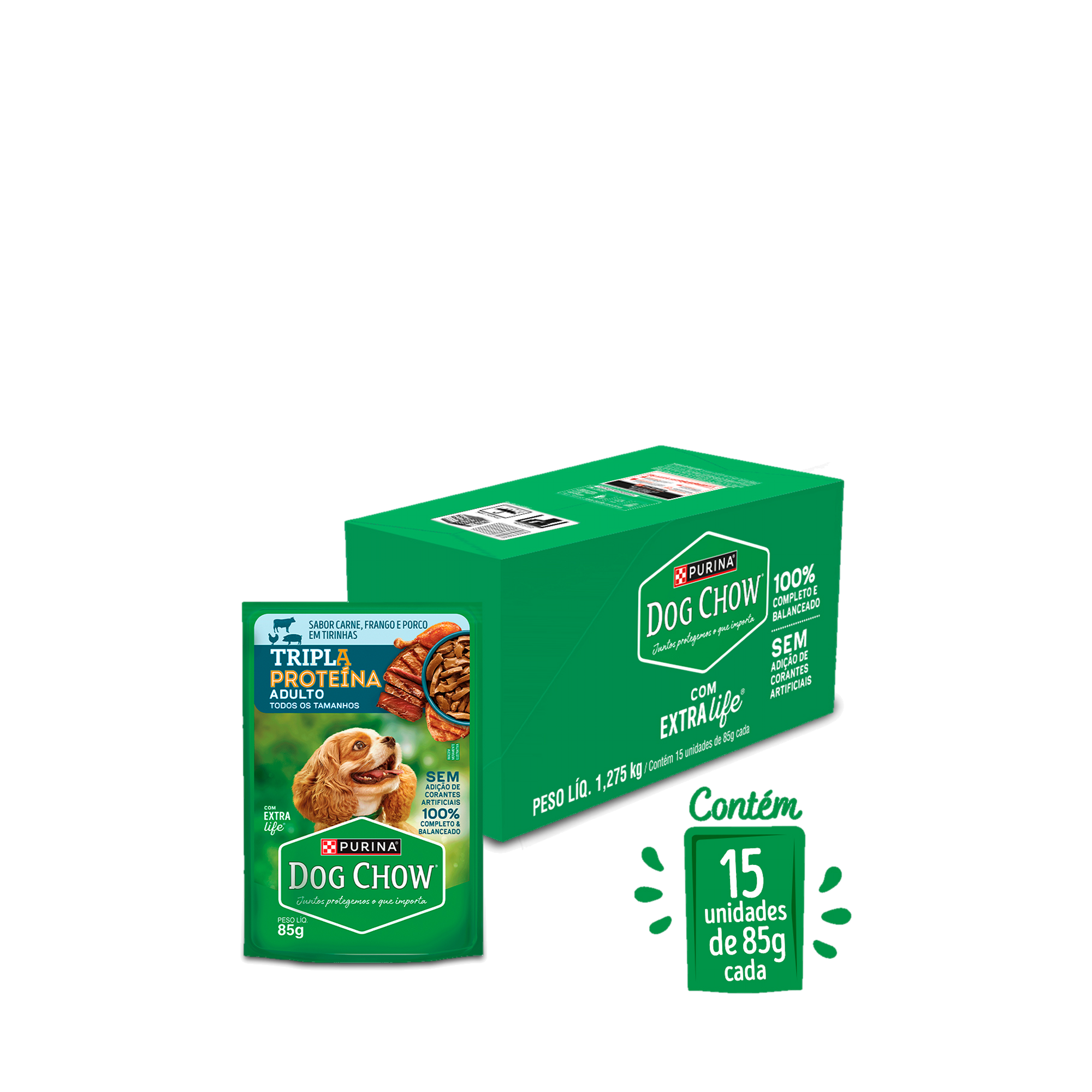 Caixa com 15 sachês de PURINA® DOG CHOW® Tripla Proteína Adulto Sabor Carne, Frango e Porco em Tirinhas 85g