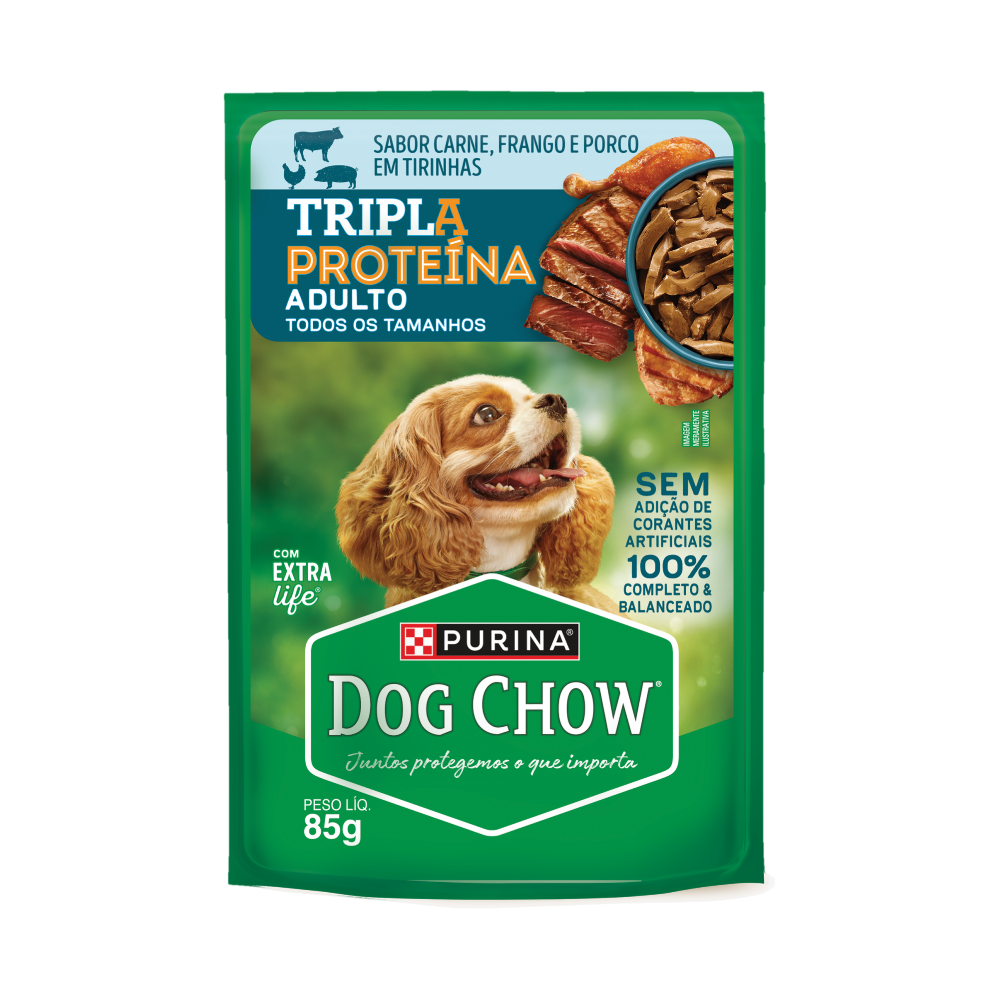 Embalagem de DOG CHOW® TRIPLA PROTEÍNA ADULTO Sabor Carne, Frango e Porco em Tirinhas 85g, vista frontal