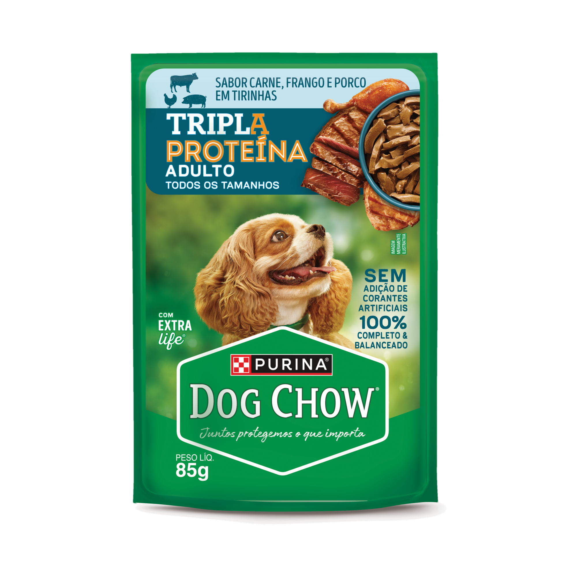 Embalagem de DOG CHOW® TRIPLA PROTEÍNA ADULTO Sabor Carne, Frango e Porco em Tirinhas 85g, vista frontal