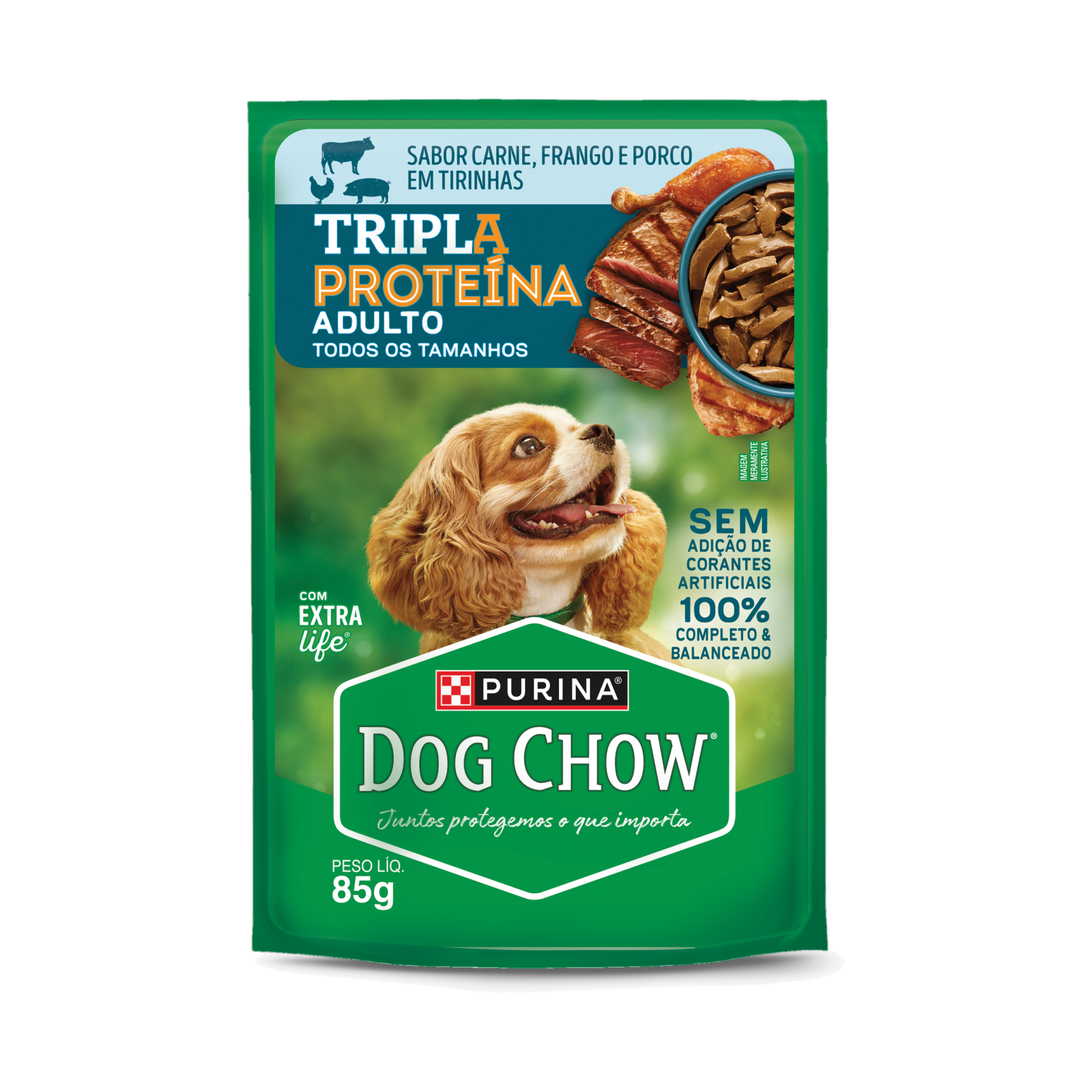Embalagem de PURINA® DOG CHOW® Tripla Proteína Adulto Sabor Carne, Frango e Porco em Tirinhas 85g, vista frontal