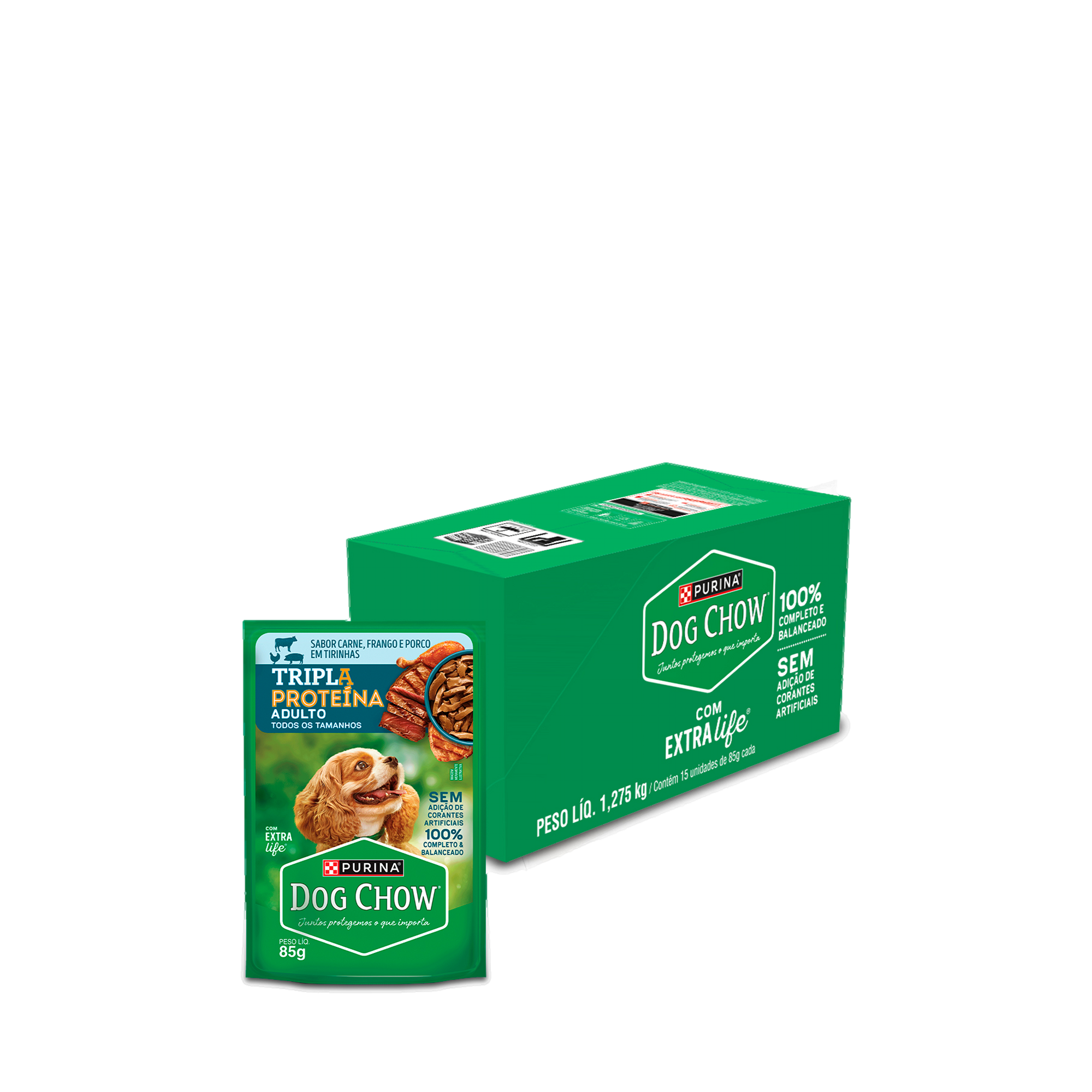 Embalagem múltipla de DOG CHOW® TRIPLA PROTEÍNA ADULTO Sabor Carne, Frango e Porco em Tirinhas 85g