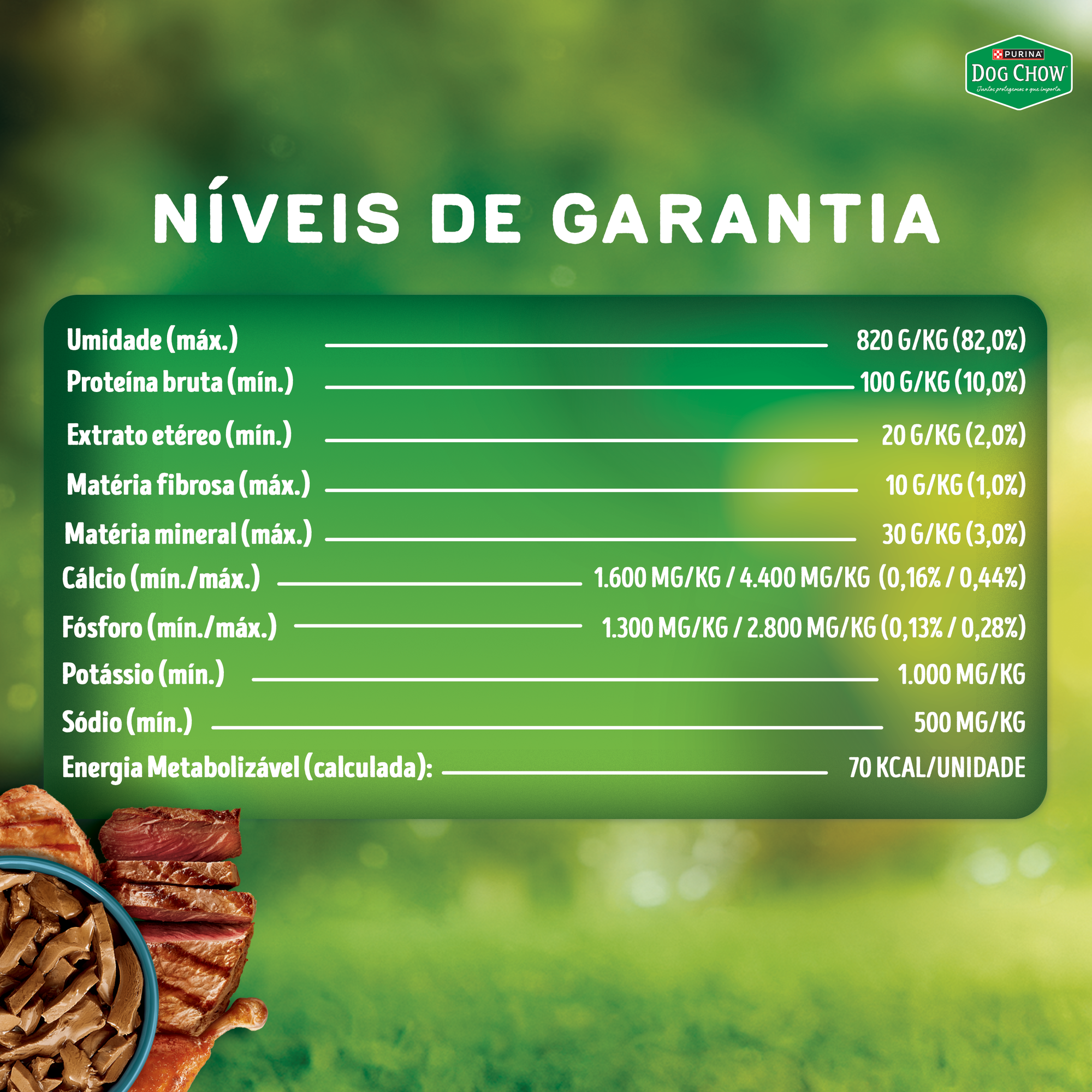 Níveis de garantia de PURINA® DOG CHOW® Tripla Proteína Adulto Sabor Carne, Frango e Porco em Tirinhas 85g