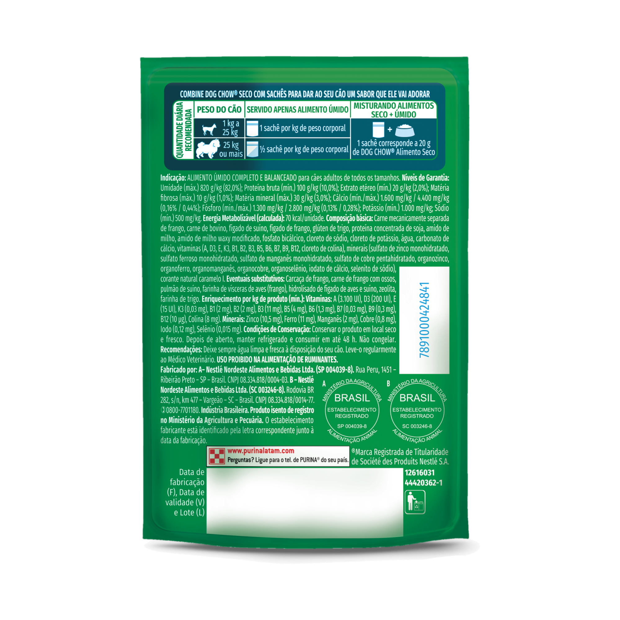 Embalagem de PURINA® DOG CHOW® Tripla Proteína Adulto Sabor Carne, Frango e Porco em Tirinhas 85g, vista traseira