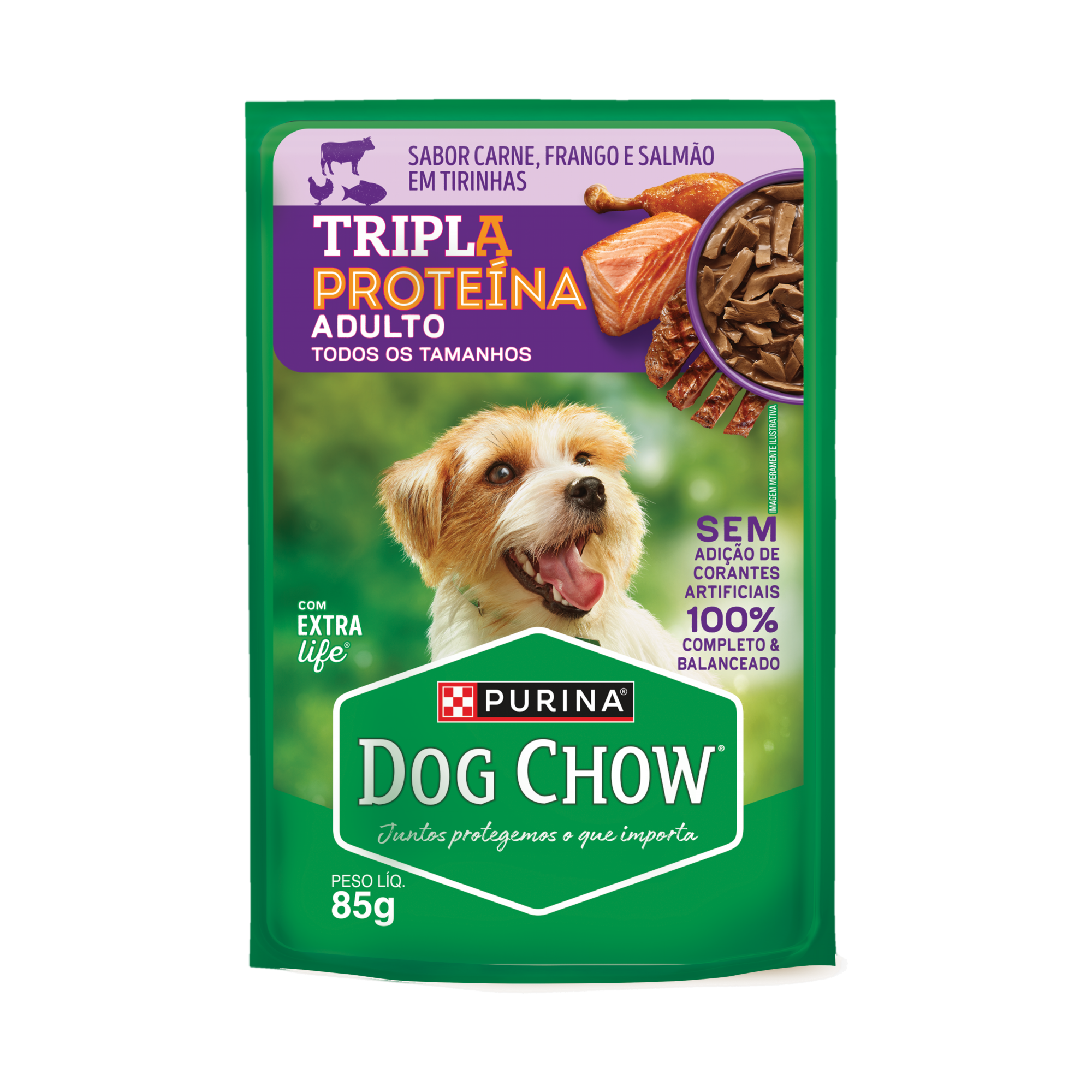 Embalagem de DOG CHOW® TRIPLA PROTEÍNA ADULTO Sabor Carne, Frango e Salmão em Tirinhas 85g, vista frontal