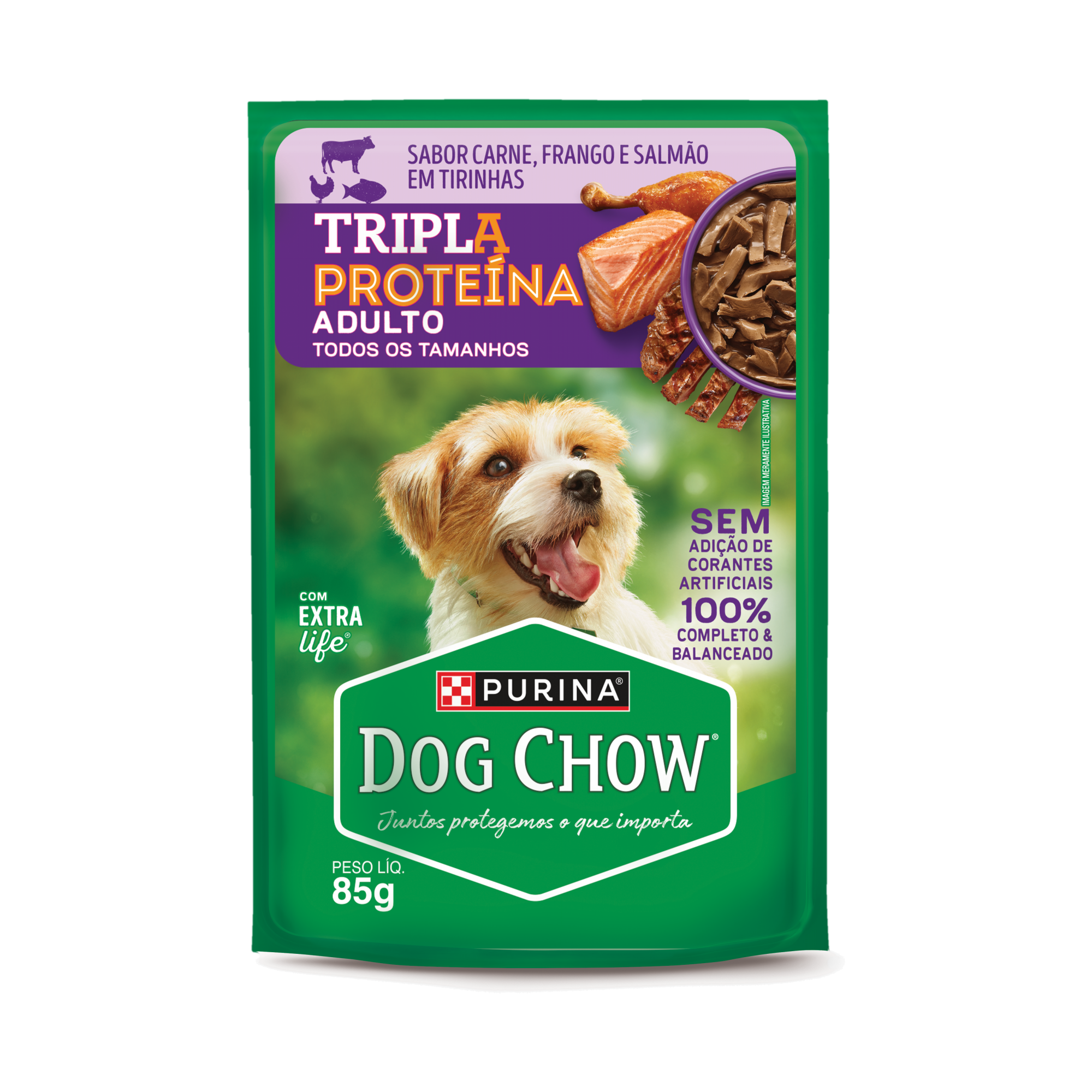 Embalagem de DOG CHOW® TRIPLA PROTEÍNA ADULTO Sabor Carne, Frango e Salmão em Tirinhas 85g, vista frontal