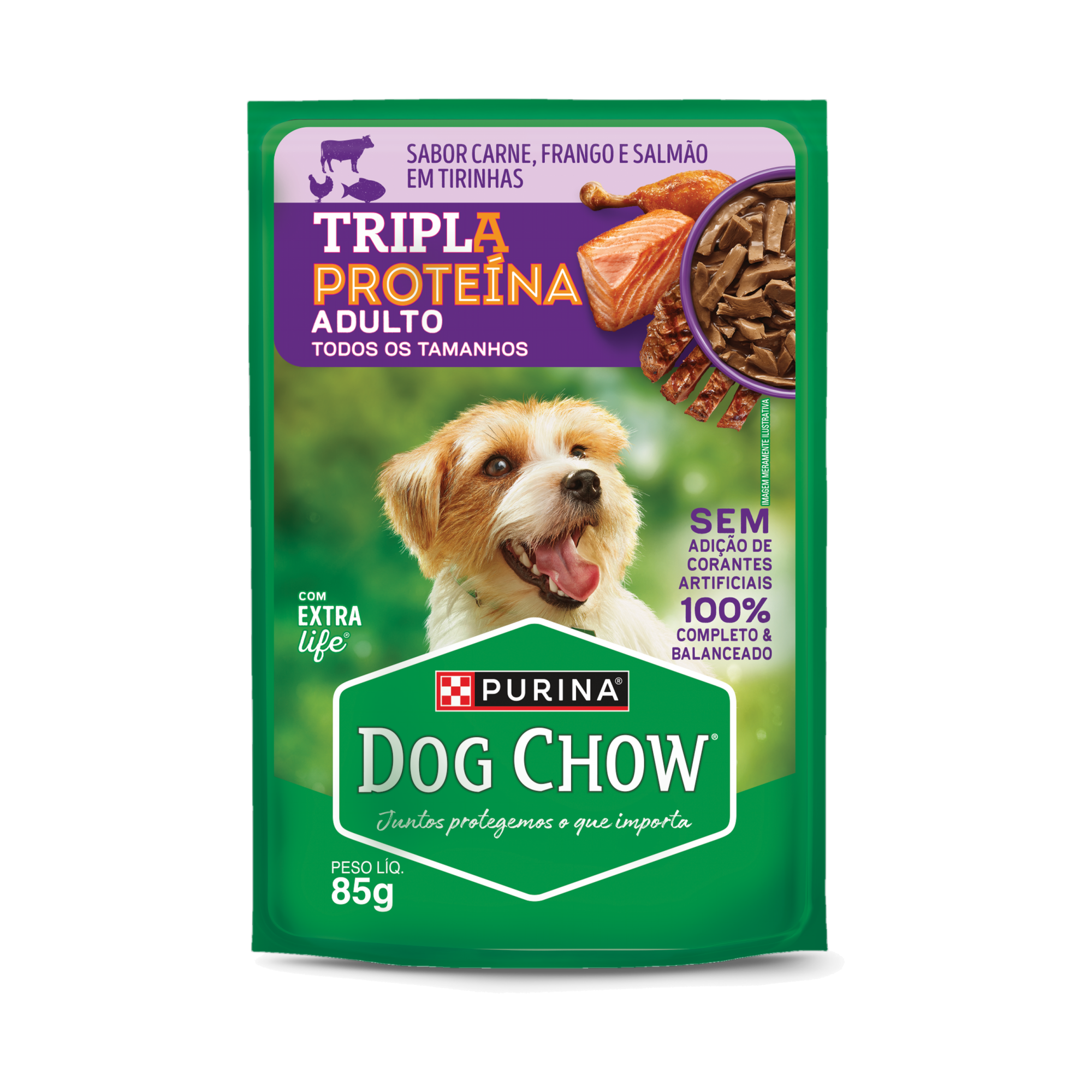 Embalagem de PURINA® DOG CHOW® Tripla Proteína Adulto Sabor Carne, Frango e Salmão em Tirinhas 85g, vista frontal