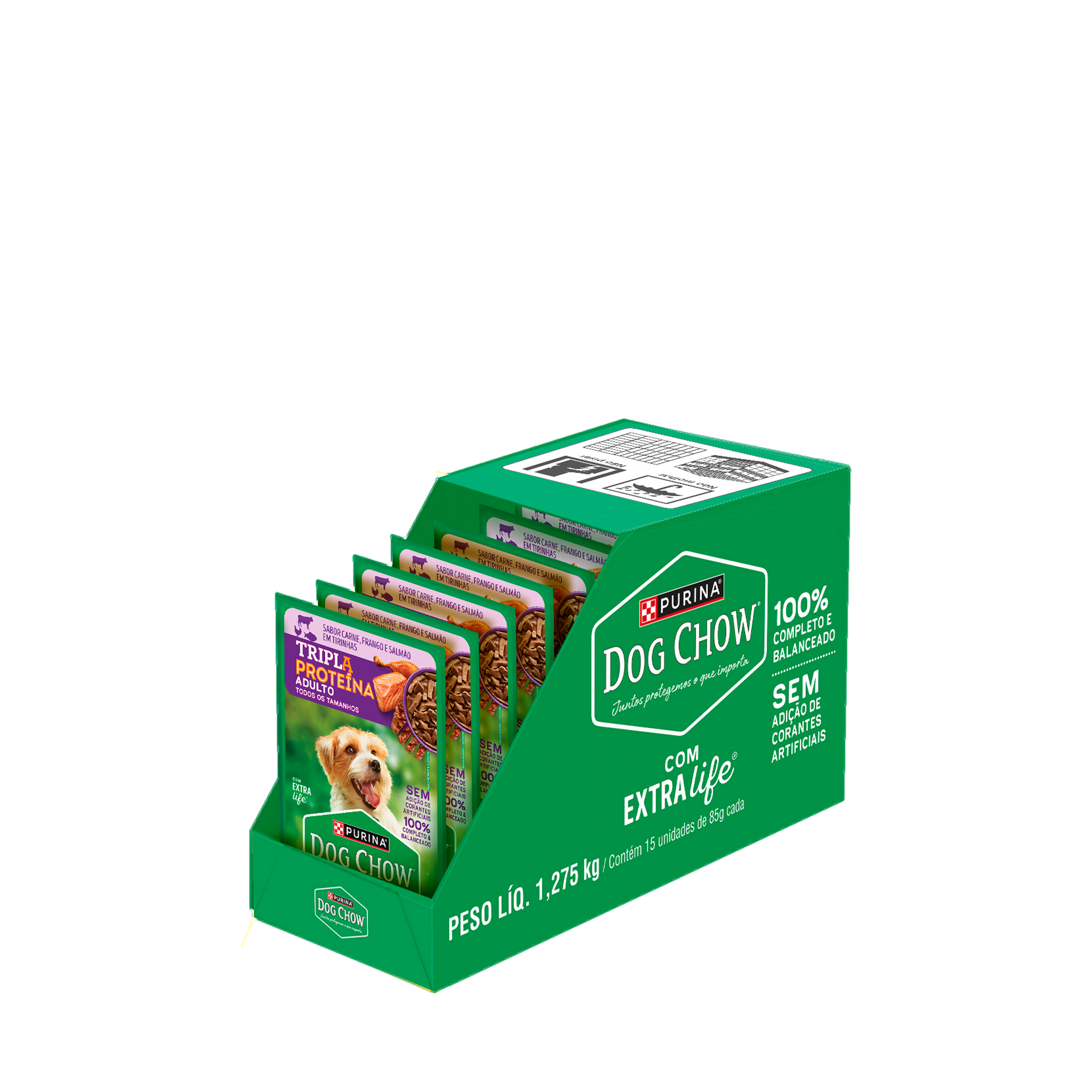 Embalagem múltipla de DOG CHOW® TRIPLA PROTEÍNA ADULTO Sabor Carne, Frango e Salmão em Tirinhas 85g