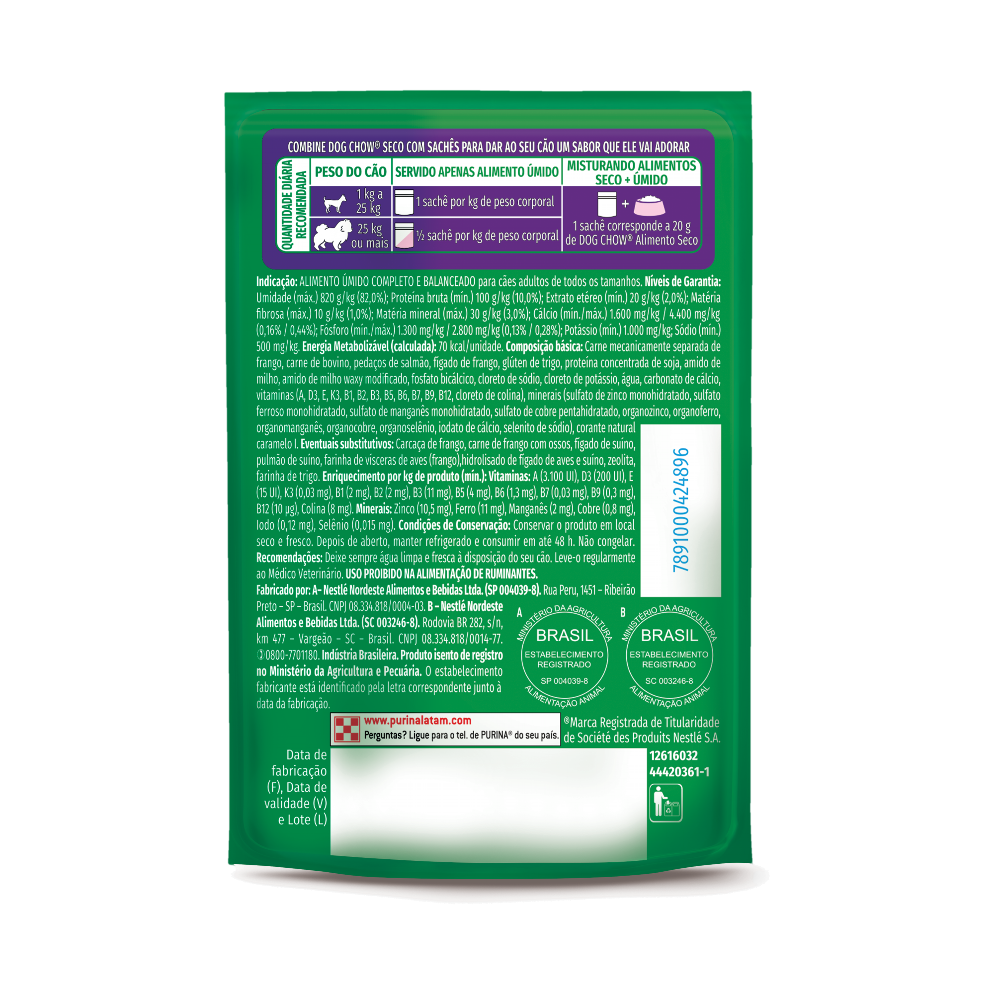 Embalagem de DOG CHOW® TRIPLA PROTEÍNA ADULTO Sabor Carne, Frango e Salmão em Tirinhas 85g, vista traseira