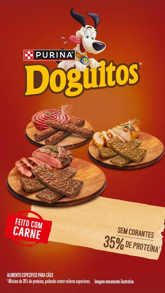 Logo Purina® Doguitos®, petiscos sobre tábuas e os selos Feito com carne, Sem corantes e 35% de proteína