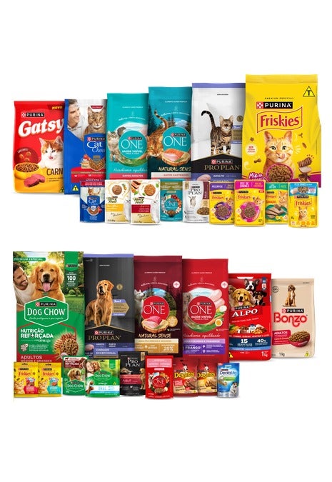 Embalagens dos produtos Purina® para cães e gatos