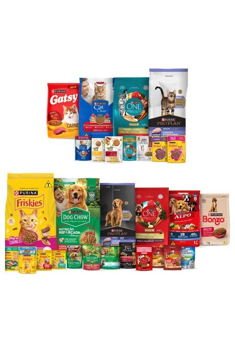 Embalagens dos produtos Purina® para cães e gatos