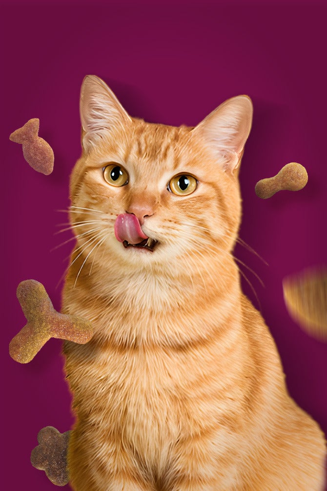 Gato laranja lambendo os lábios entre croquetes de alimento seco sobre fundo vinho