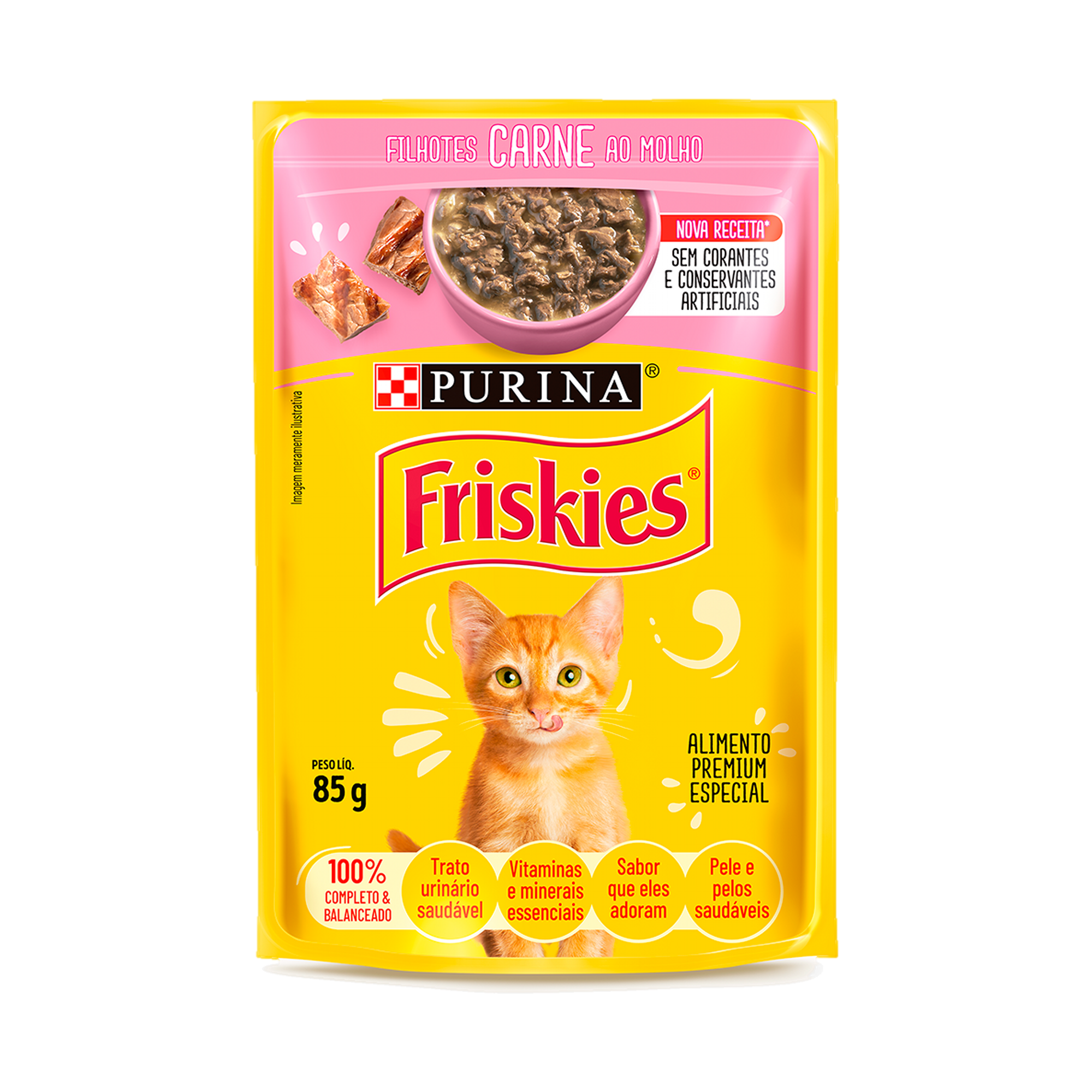 Embalagem de Friskies® Filhotes Carne ao molho, vista frontal