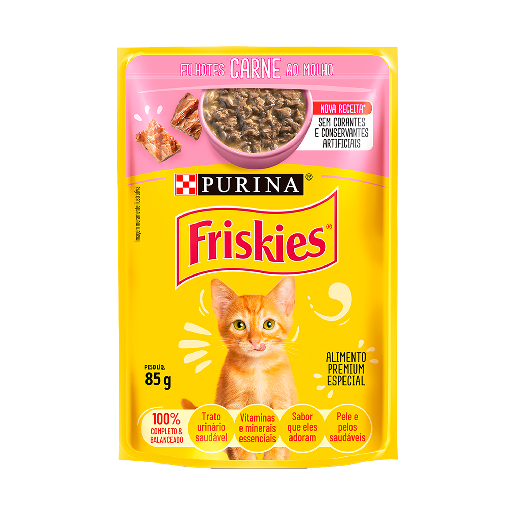 Embalagem de Friskies® Filhotes Carne ao molho, vista frontal
