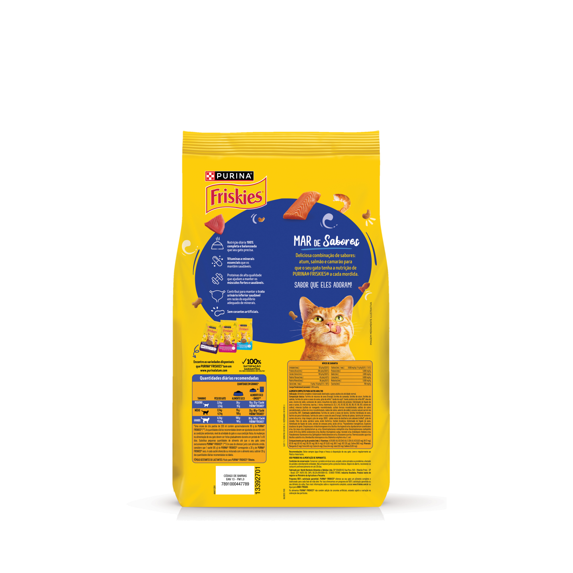 Embalagem de PURINA FRISKIES® Ração Seca para Gatos Adultos Mar de Sabores, vista traseira