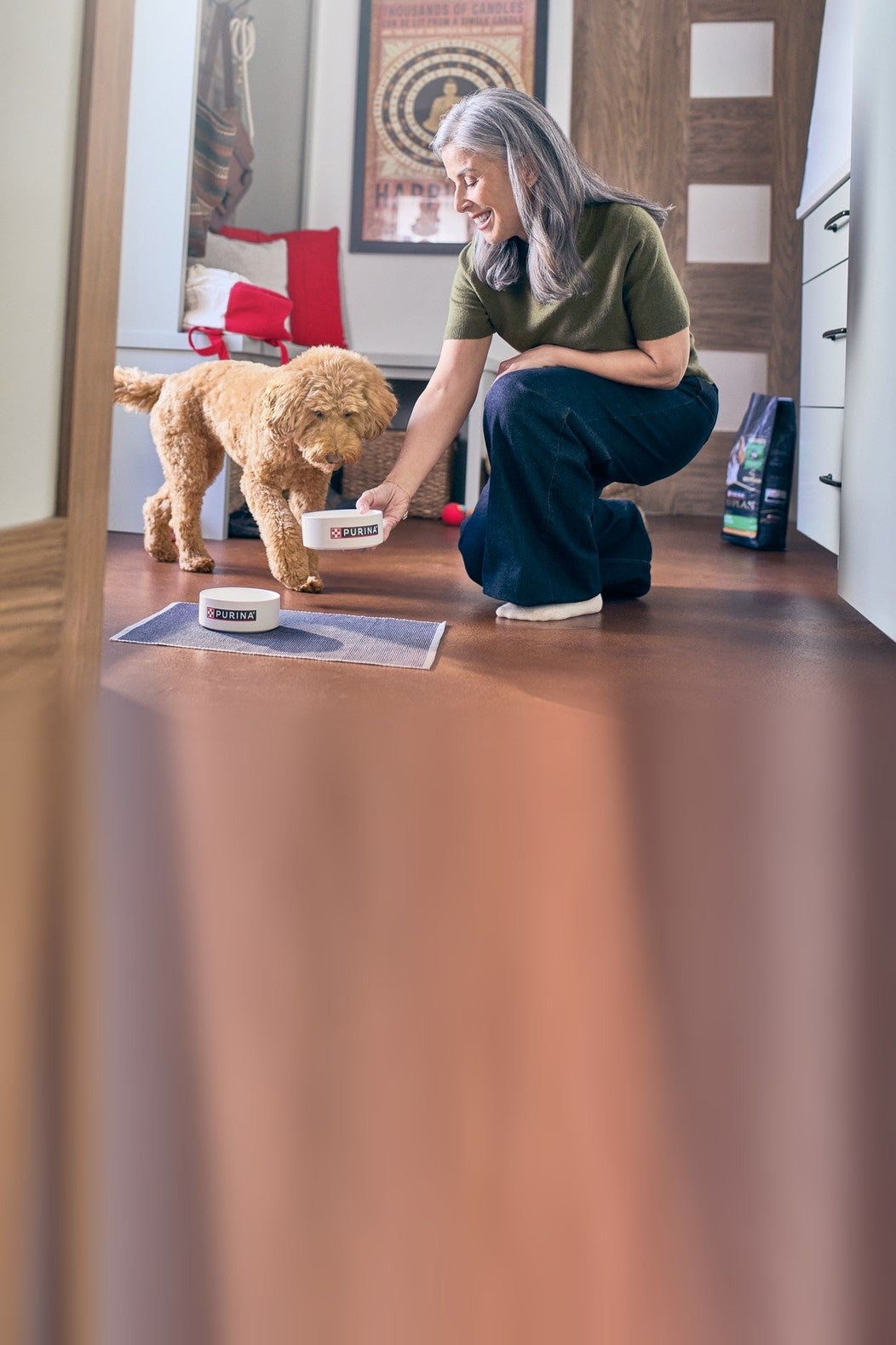Mulher serve o alimento para seu cachorro em casa