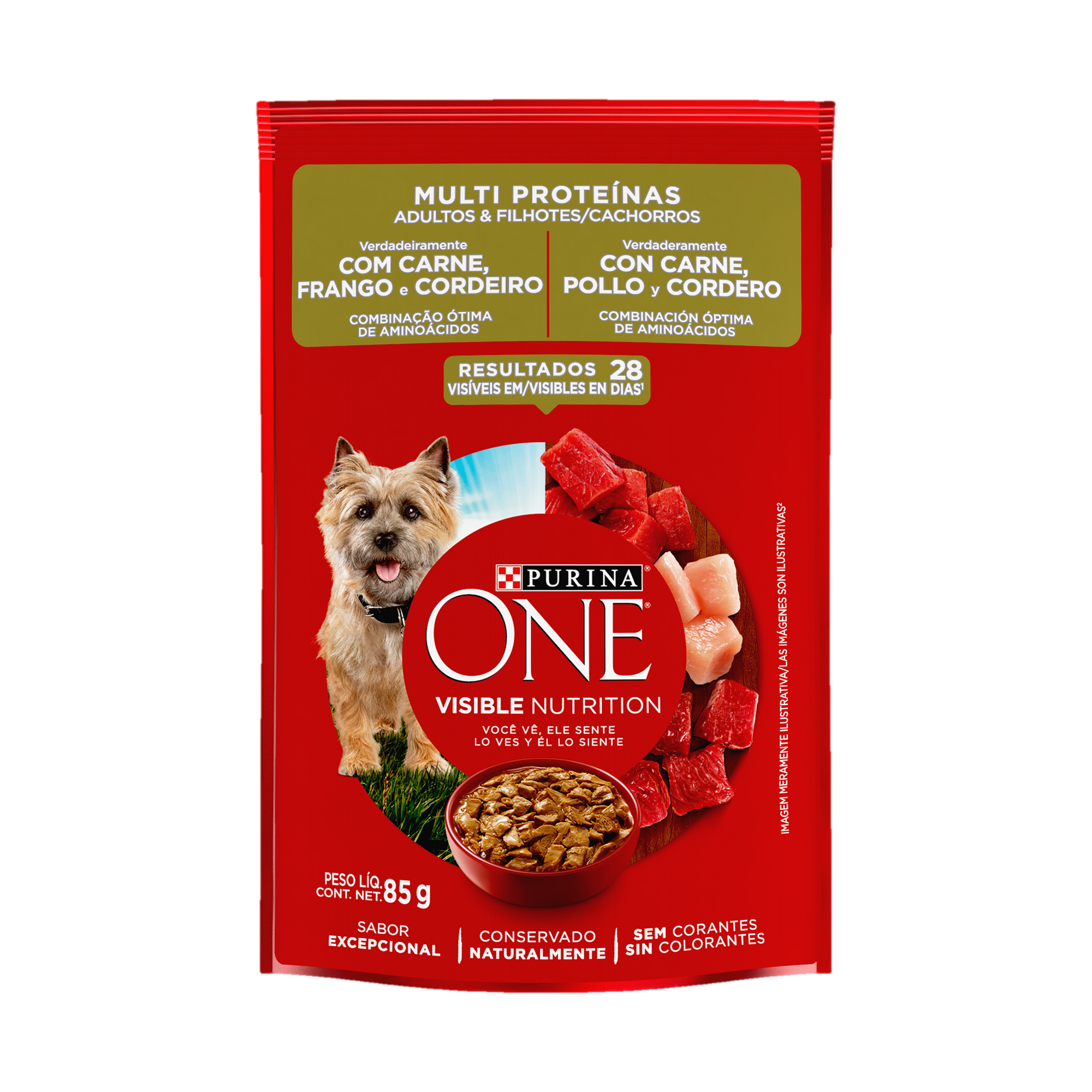 Embalagem de ONE® Multi Proteínas Adultos e Filhotes para todos os tamanhos sabor carne, frango e cordeiro, vista frontal