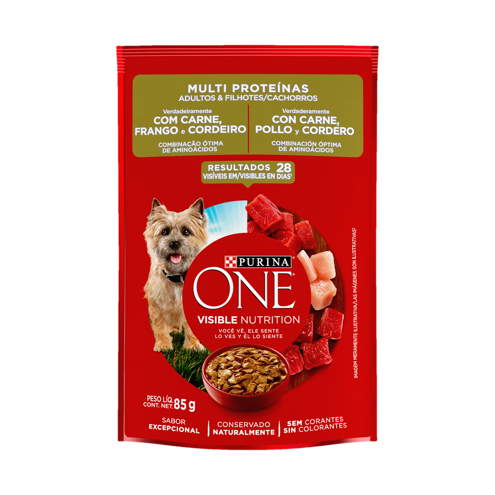 Embalagem de ONE® Multi Proteínas Adultos e Filhotes para todos os tamanhos sabor carne, frango e cordeiro, vista frontal