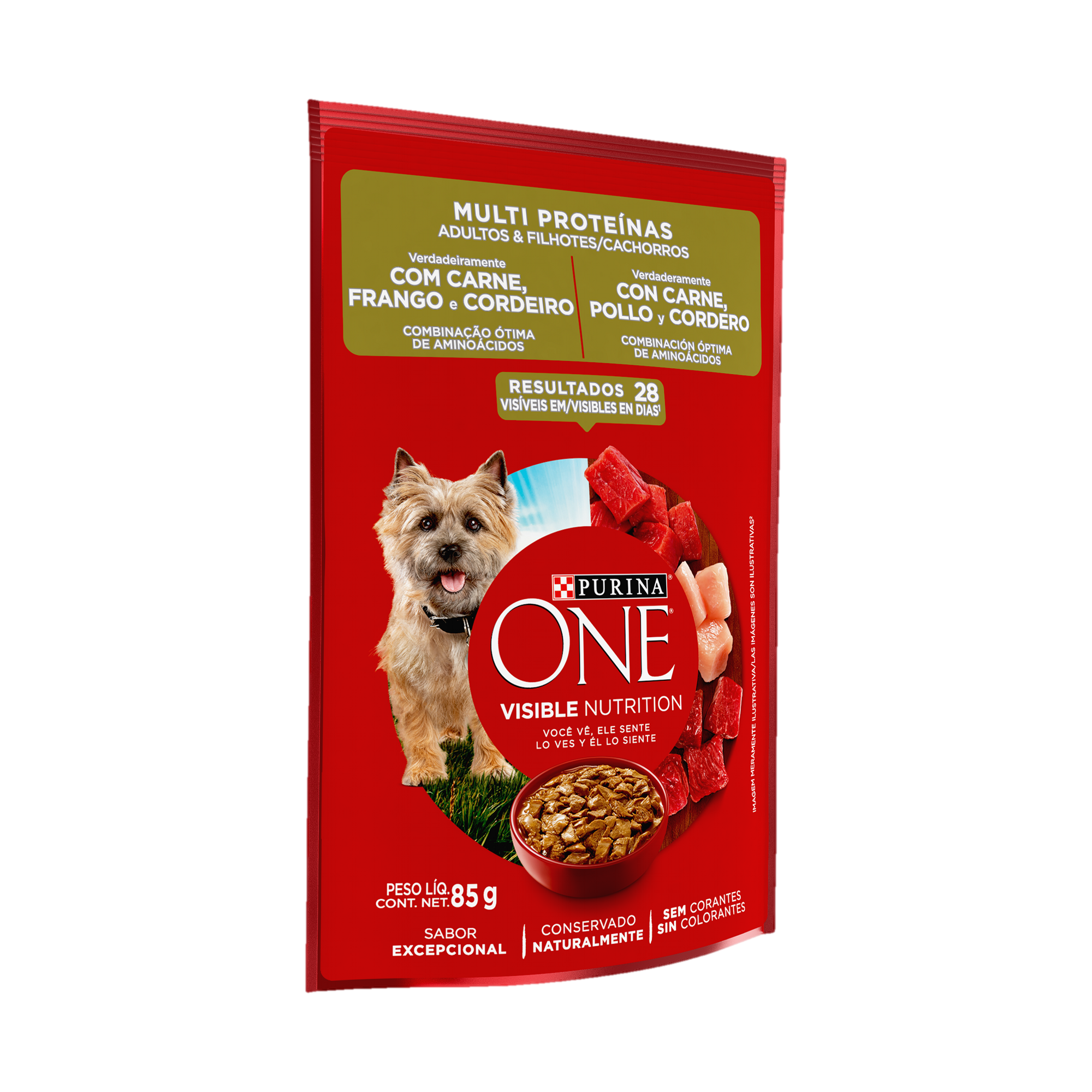 Embalagem de ONE® Multi Proteínas Adultos e Filhotes para todos os tamanhos sabor carne, frango e cordeiro, vista lateral
