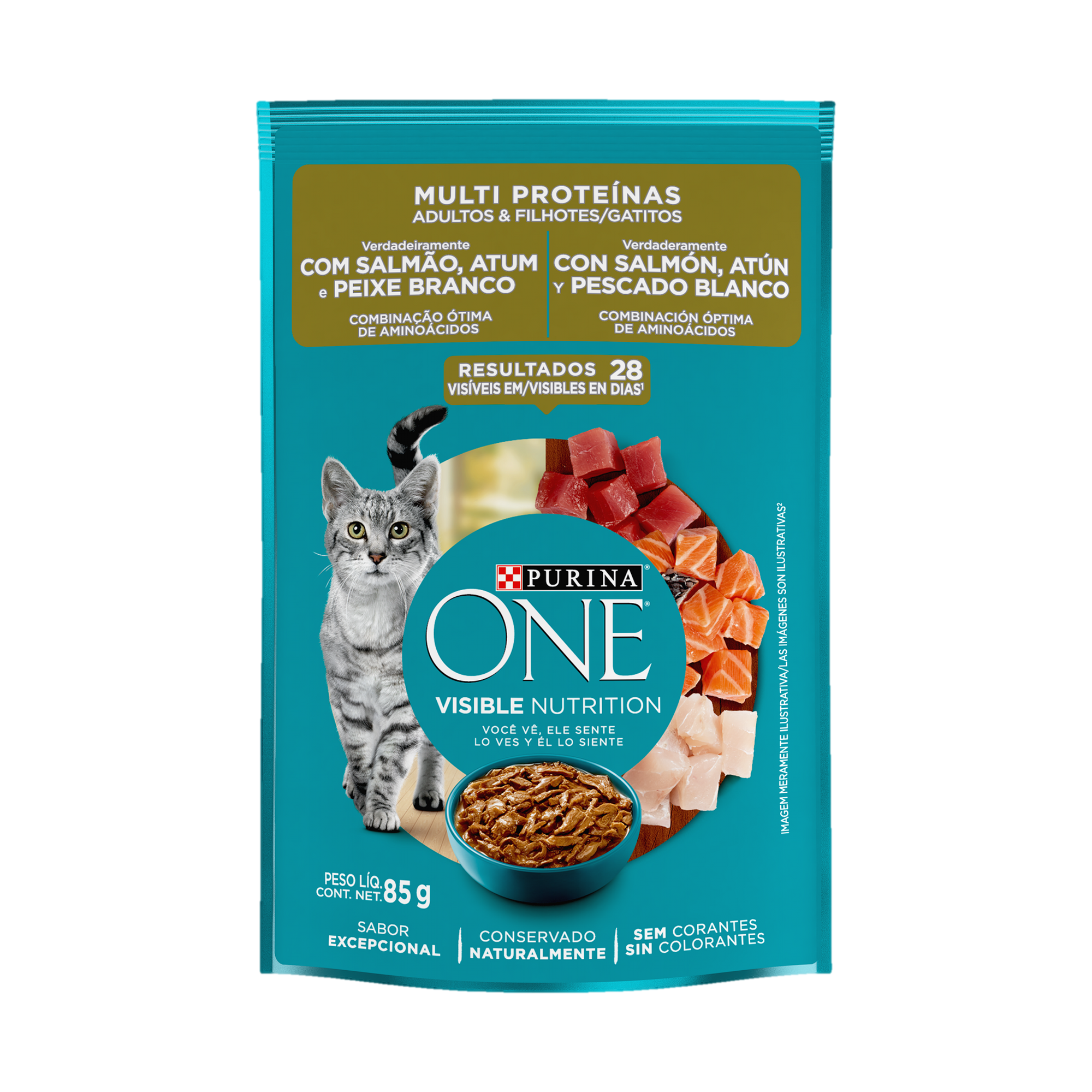 Embalagem de ONE® Multi Proteínas para Gato Filhote sabor salmão, atum e peixe branco, vista frontal