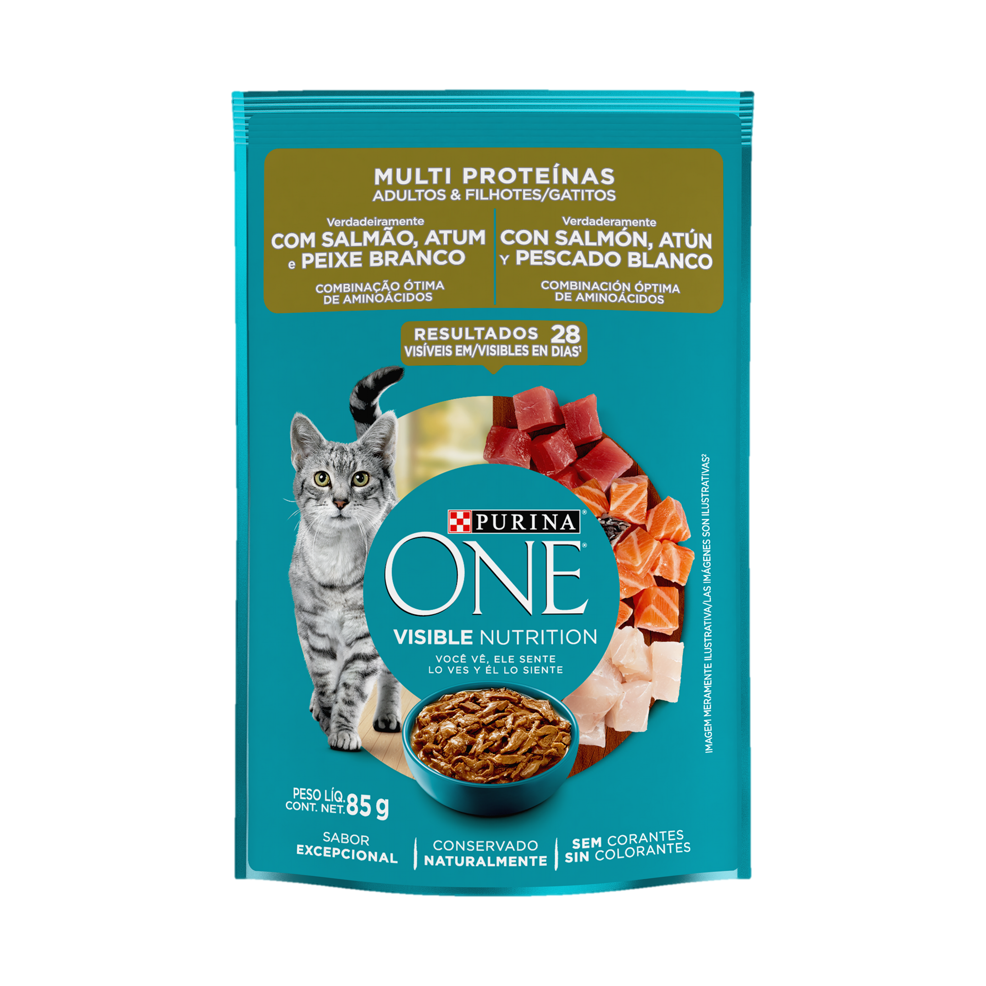 Embalagem de ONE® Multi Proteínas para Gato Filhote sabor salmão, atum e peixe branco, vista frontal