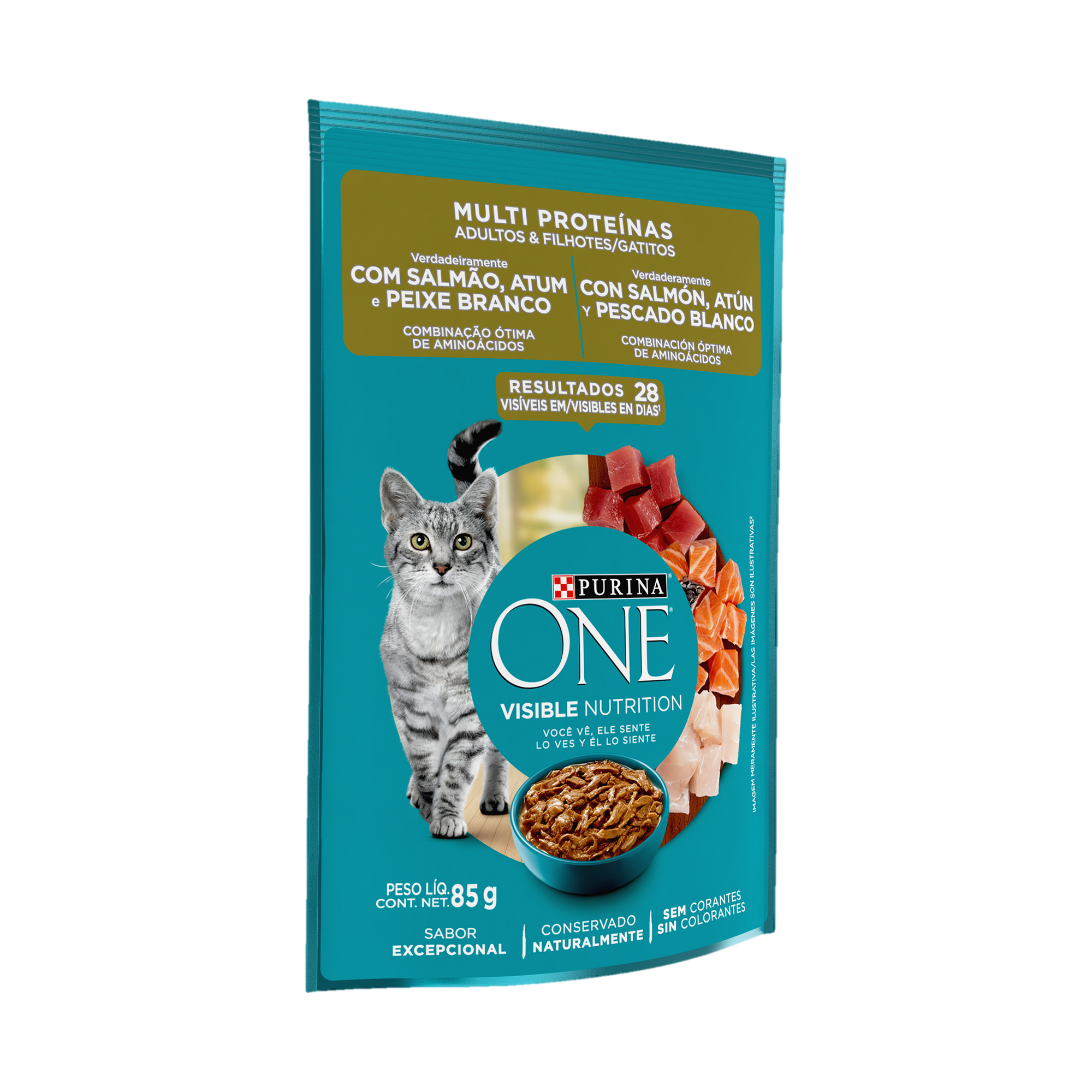Embalagem de ONE® Multi Proteínas para Gato Filhote sabor salmão, atum e peixe branco, vista lateral