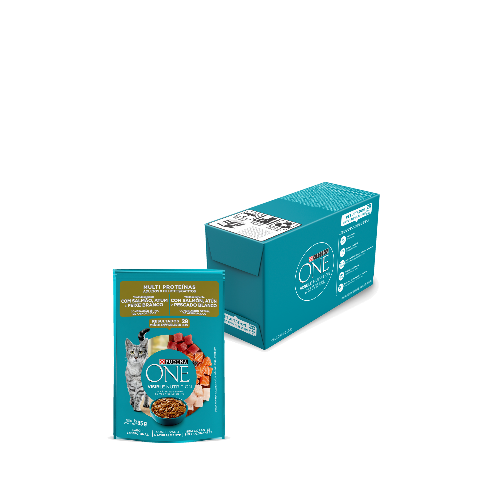 Embalagem múltipla de ONE® Multi Proteínas para Gato Filhote sabor salmão, atum e peixe branco