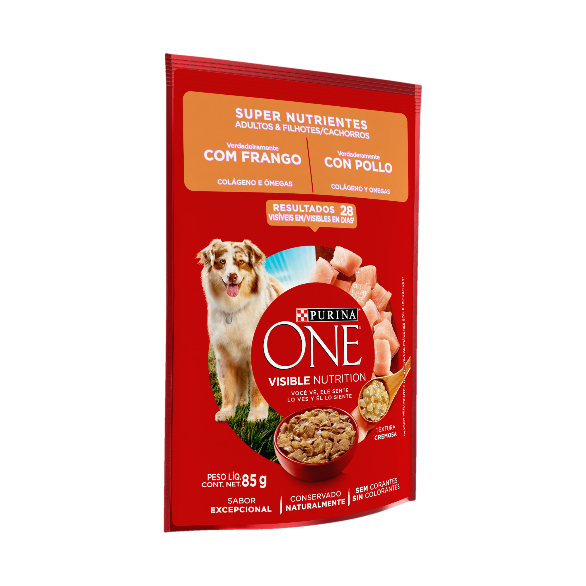 Embalagem de ONE® Super Nutrientes Adultos e Filhotes para todos os tamanhos sabor frango, vista lateral