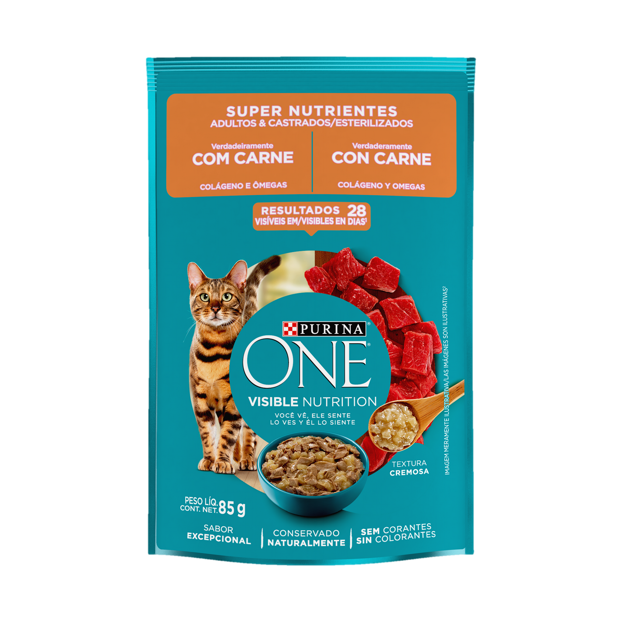 Embalagem de ONE® Super Nutrientes para Gato Adulto sabor carne, vista frontal
