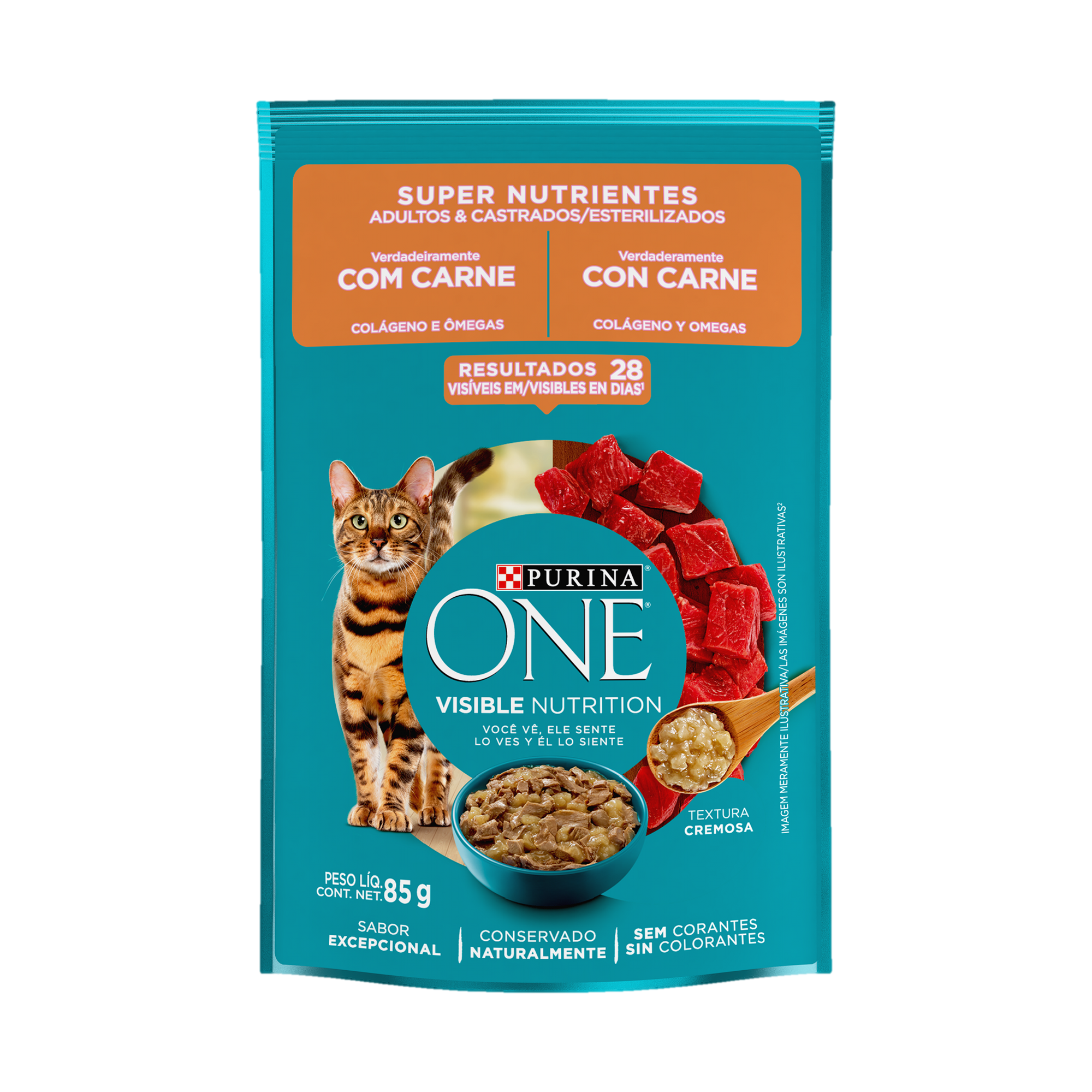 Embalagem de ONE® Super Nutrientes para Gato Adulto sabor carne, vista frontal