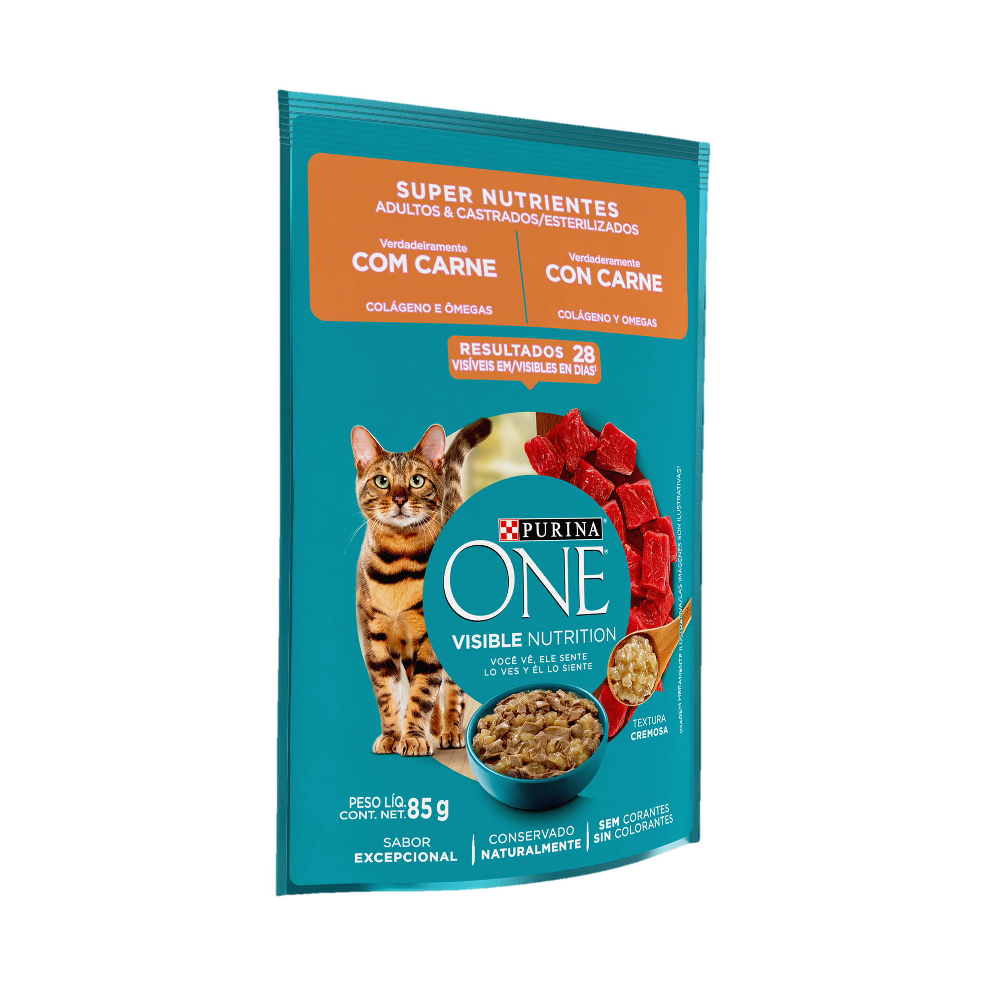 Embalagem de ONE® Super Nutrientes para Gato Adulto sabor carne, vista lateral