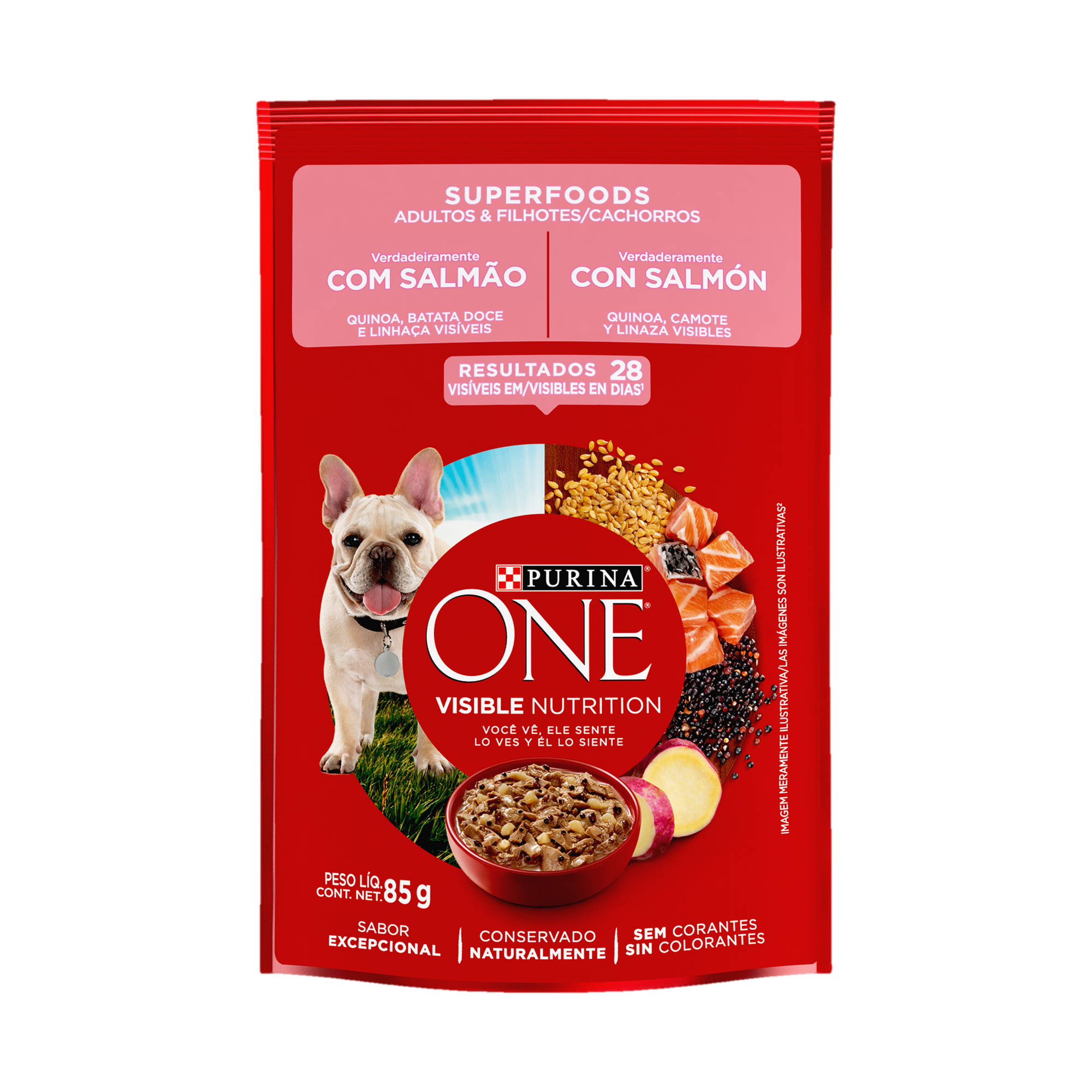 Embalagem de ONE® Superfoods Adultos e Filhotes para todos os tamanhos sabor salmão, vista frontal