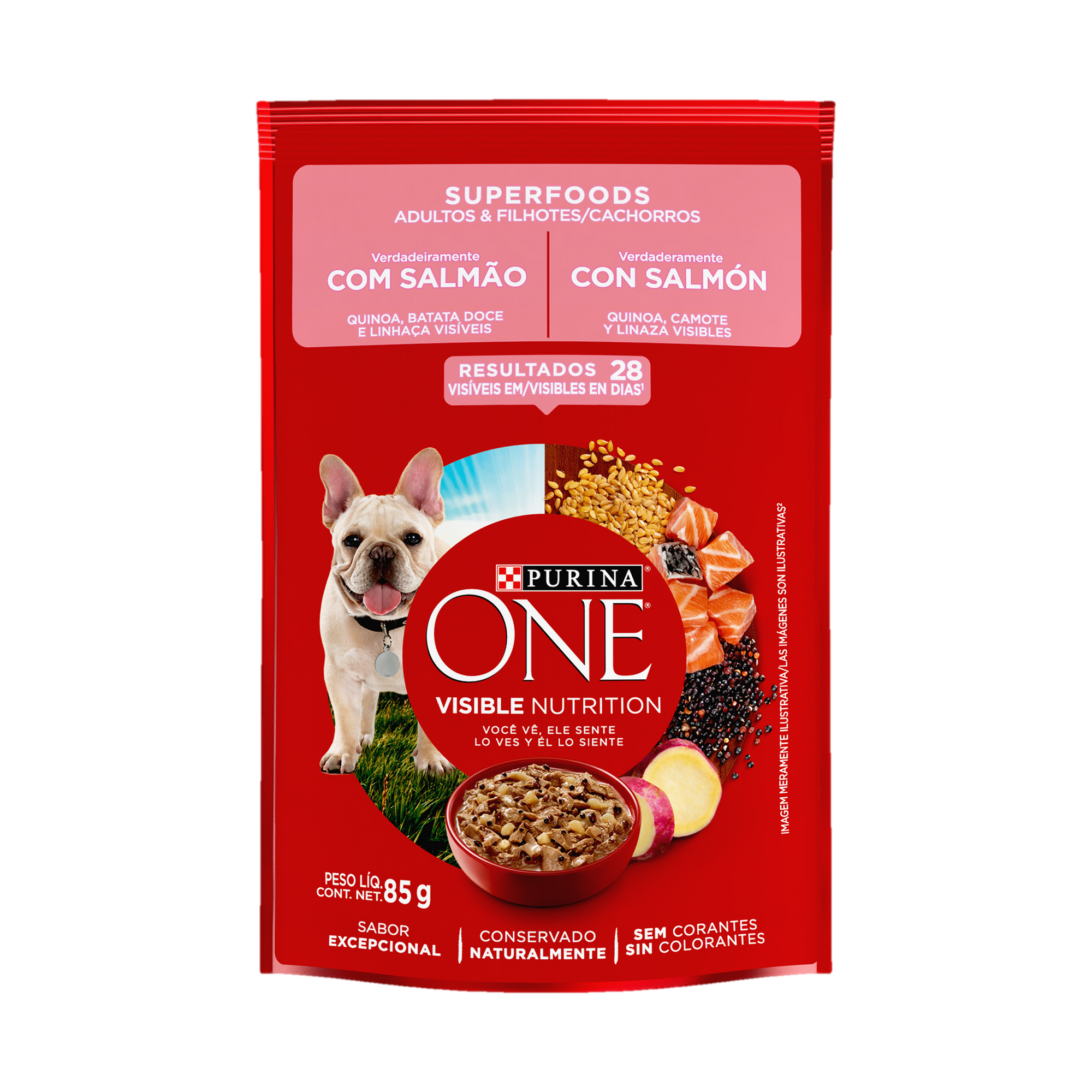Embalagem de ONE® Superfoods Adultos e Filhotes para todos os tamanhos sabor salmão, vista frontal