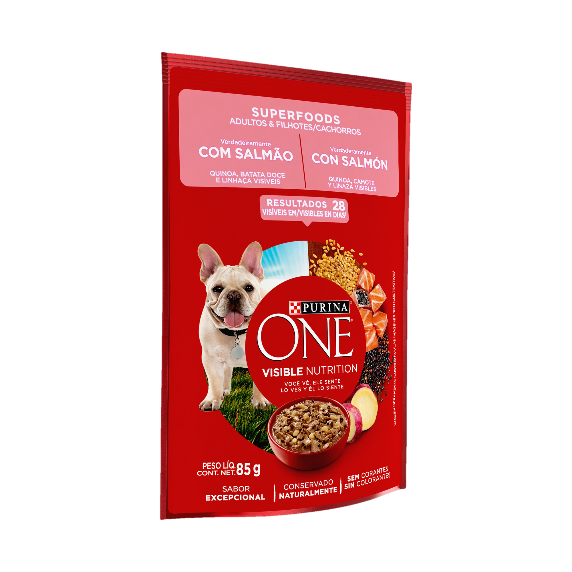 Embalagem de ONE® Superfoods Adultos e Filhotes para todos os tamanhos sabor salmão, vista lateral