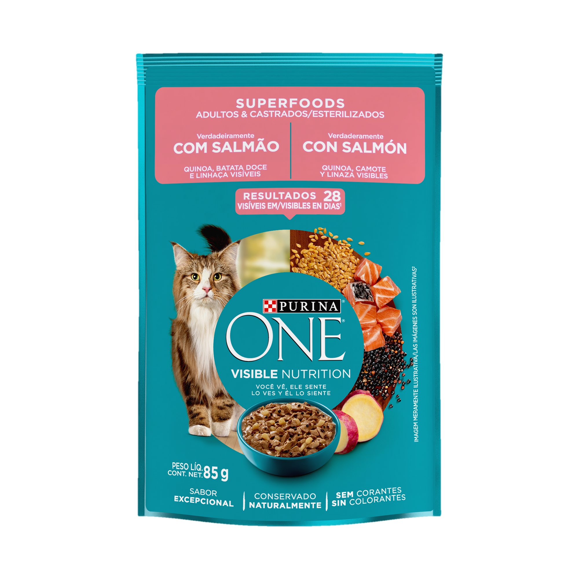 Embalagem de ONE® Superfoods para Gato Adulto sabor salmão, vista frontal