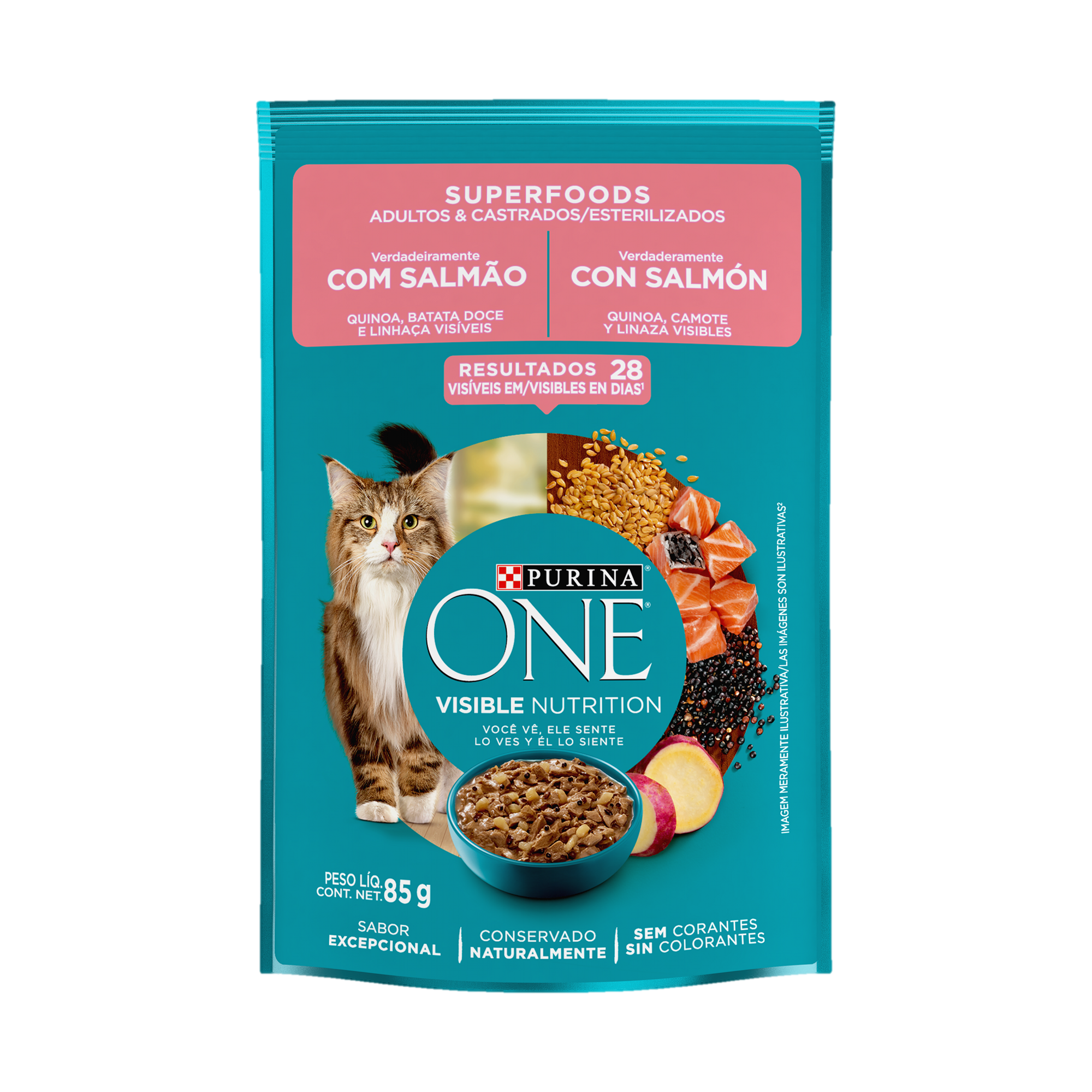 Embalagem de ONE® Superfoods para Gato Adulto sabor salmão, vista frontal