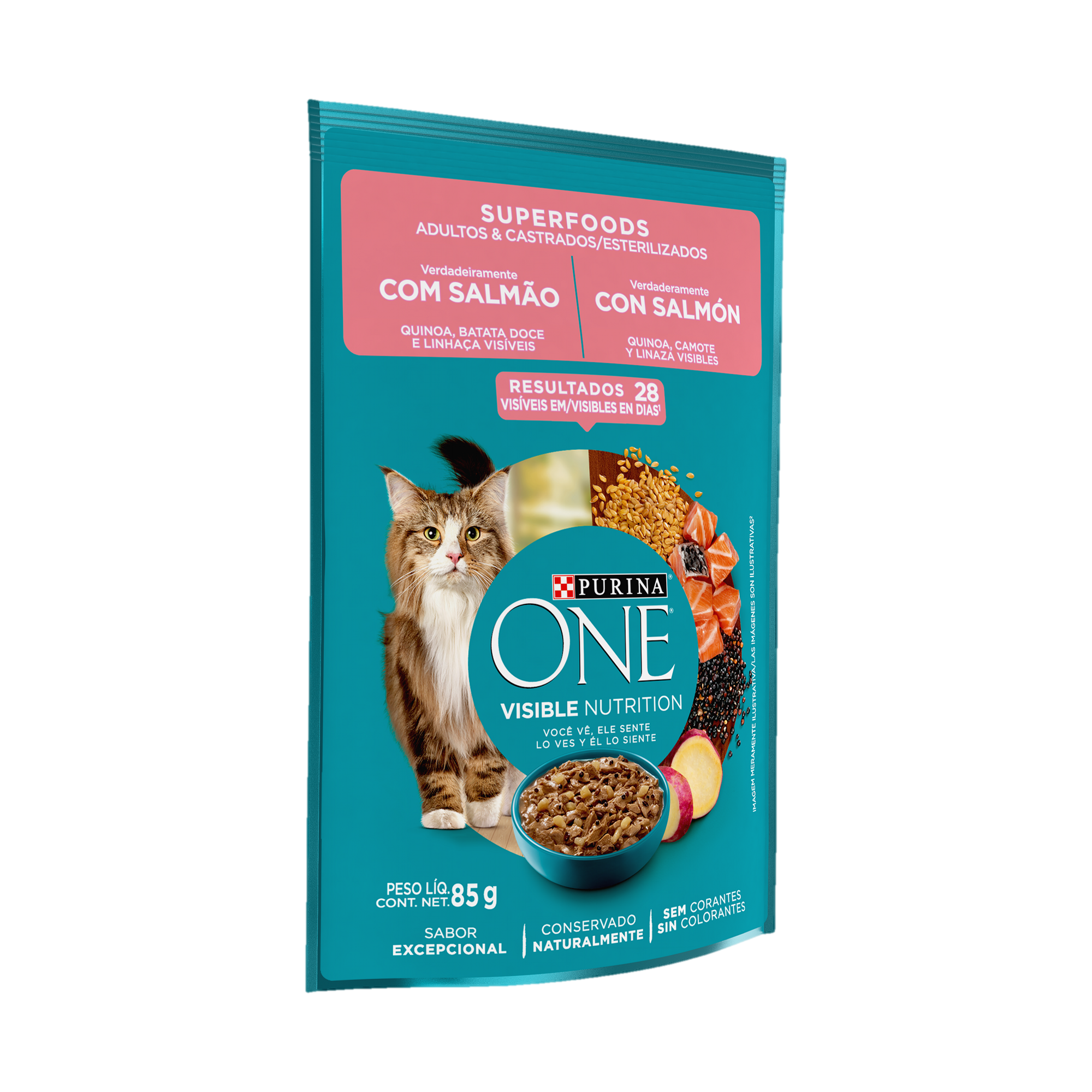 Embalagem de ONE® Superfoods para Gato Adulto sabor salmão, vista lateral