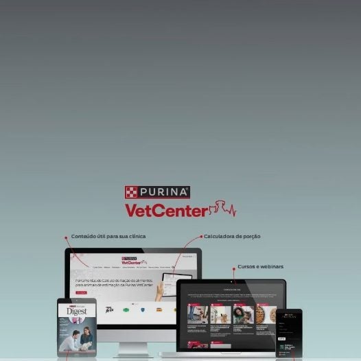 Plataforma Purina® VetCenter em computador, notebook, tablet e celular