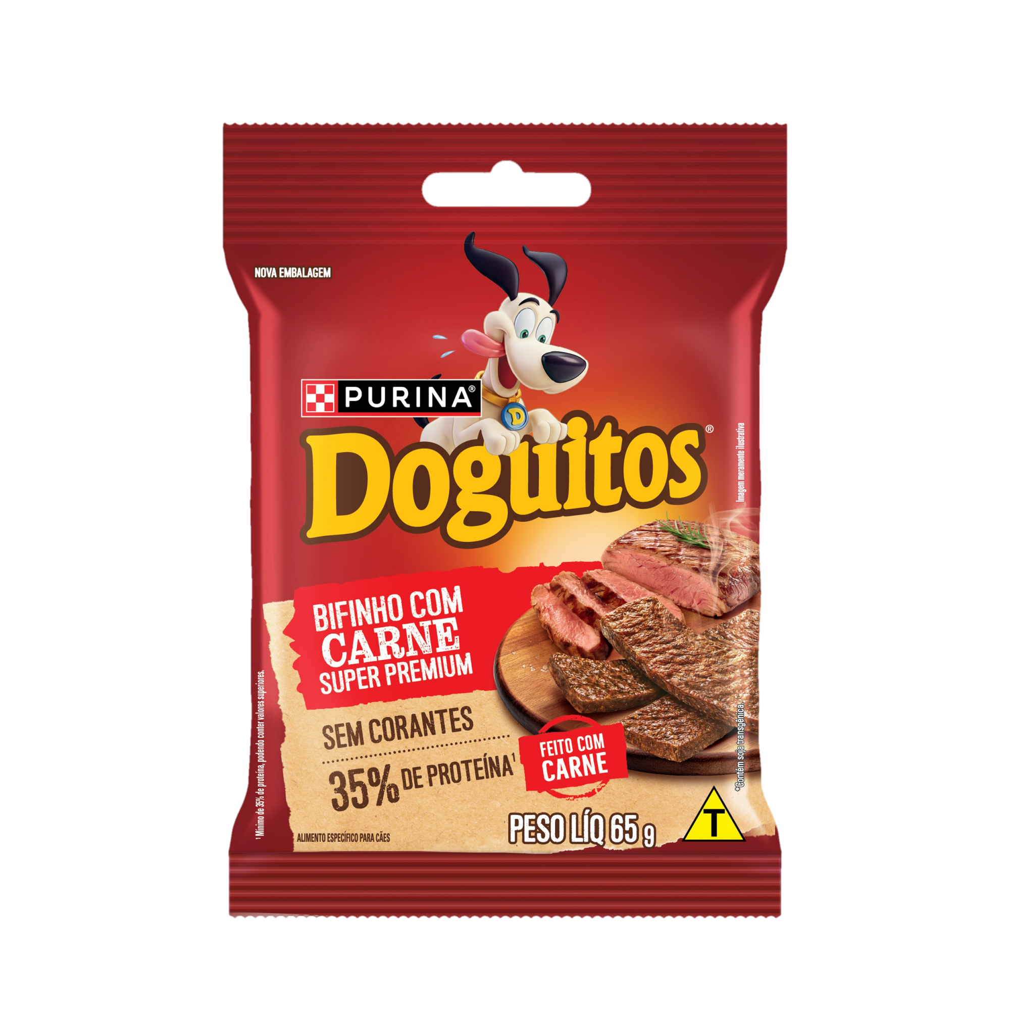 Embalagem de Petisco Bifinho PURINA® DOGUITOS® com Carne para Cães Adultos, vista frontal