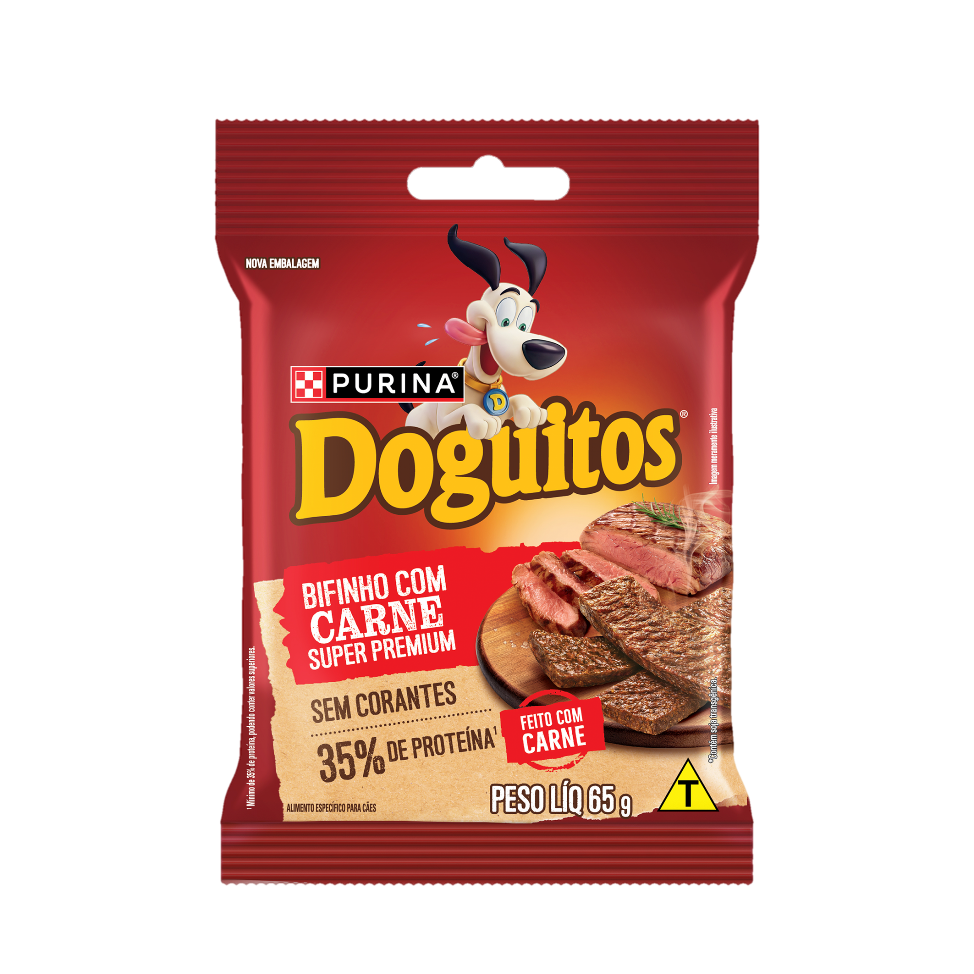 Embalagem de Petisco Bifinho PURINA® DOGUITOS® com Carne para Cães Adultos, vista frontal