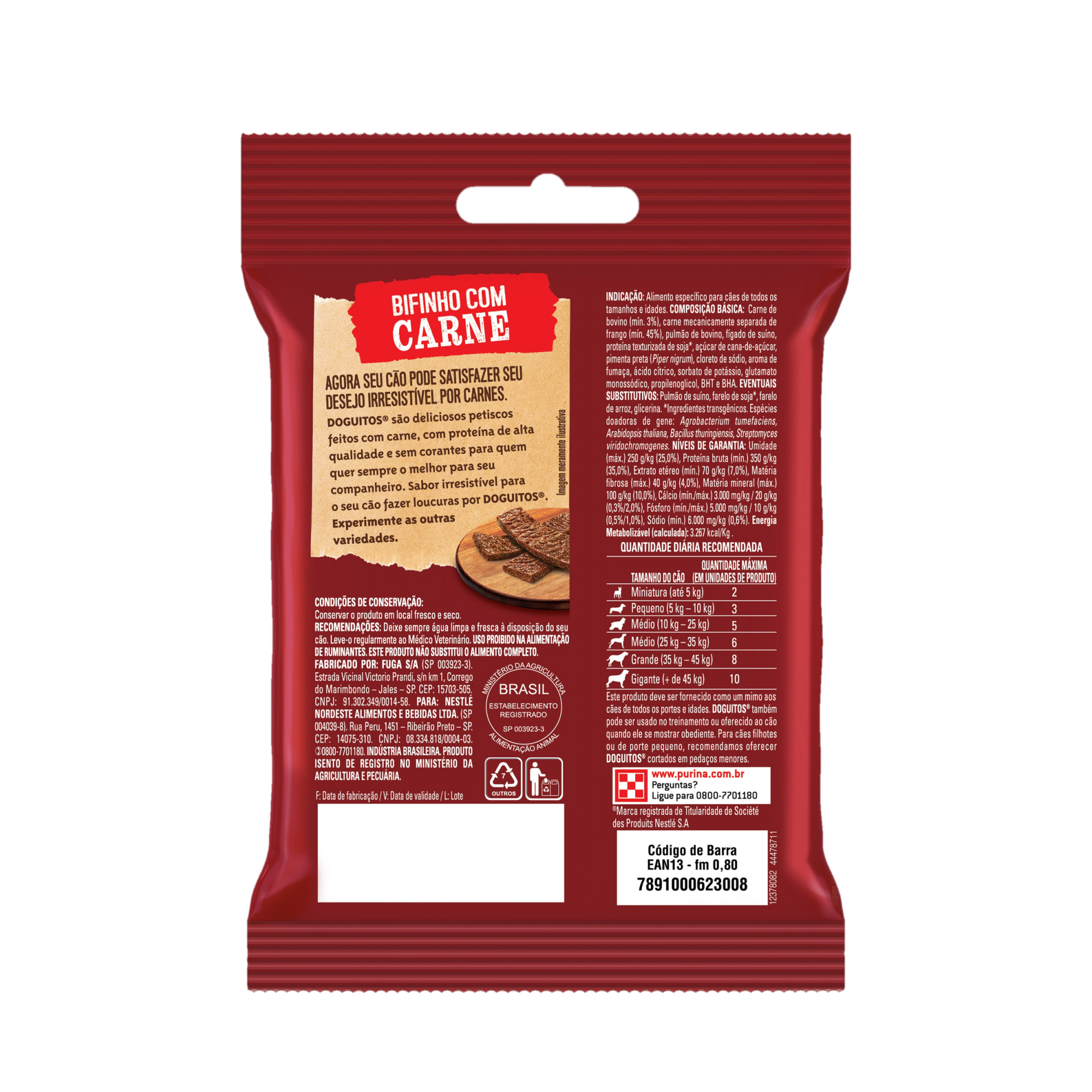 Embalagem de Petisco Bifinho PURINA® DOGUITOS® com Carne para Cães Adultos, vista traseira