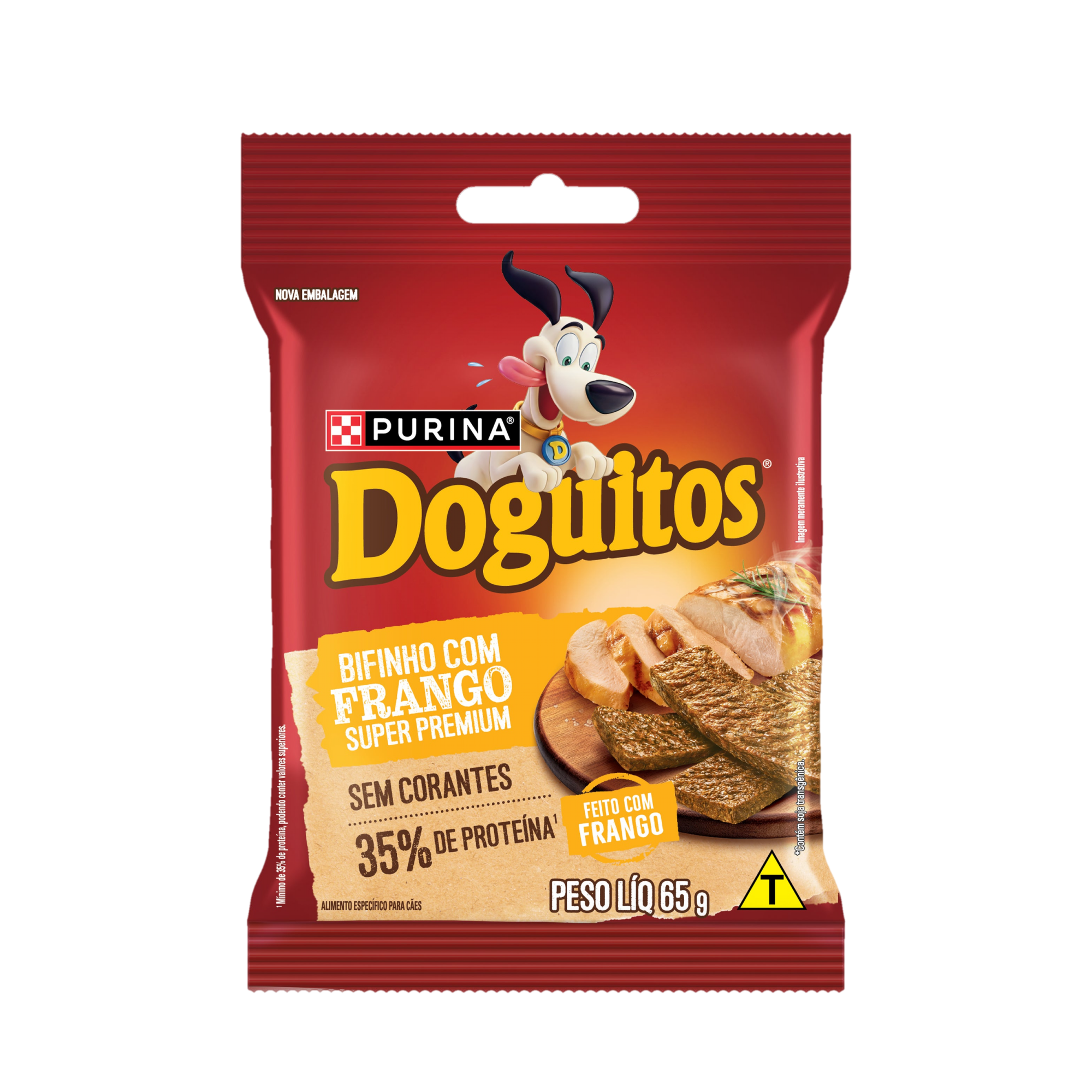 Embalagem de Petisco Bifinho PURINA® DOGUITOS® com Frango para Cães Adultos, vista frontal